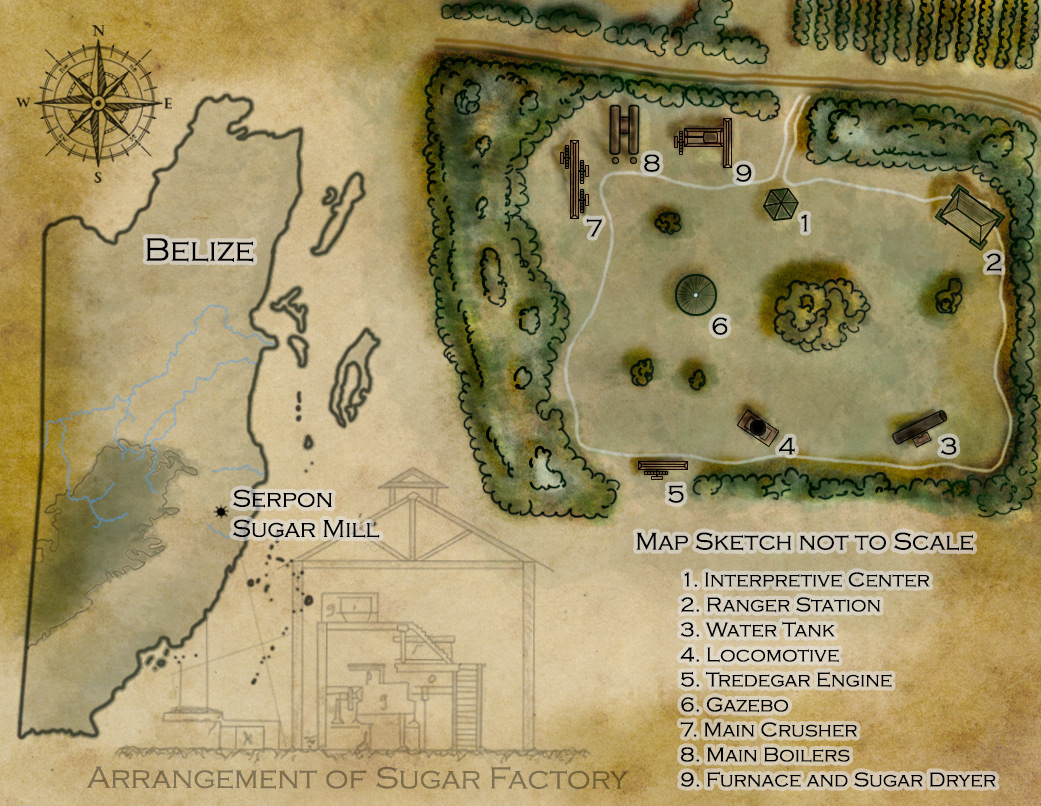 This map details the layout of the Serpon Sugar Mill Archaeological Preserve in Belize