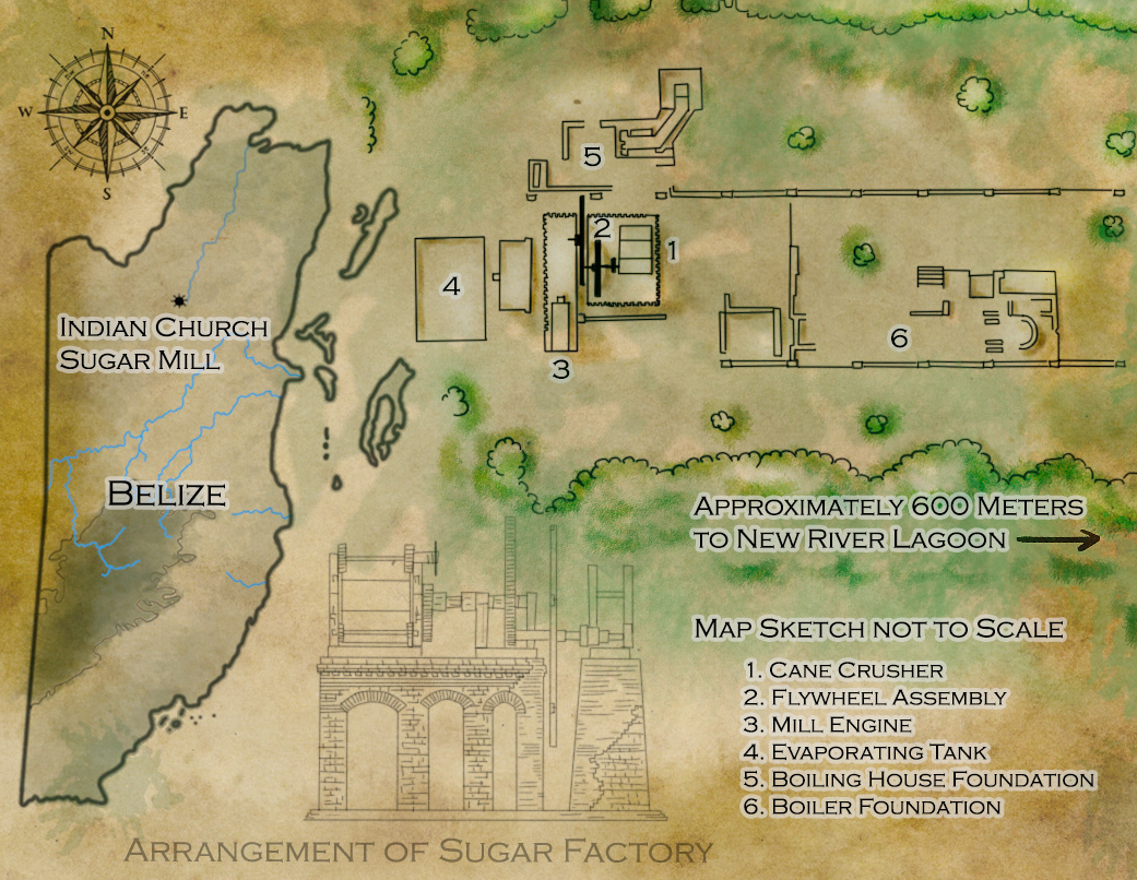 Part of a series of maps detailing sugar heritage sites in Belize, this one maps the layout of the Indian Church Sugar Mill at the Lamanai Archaeological Preserve in Belize.