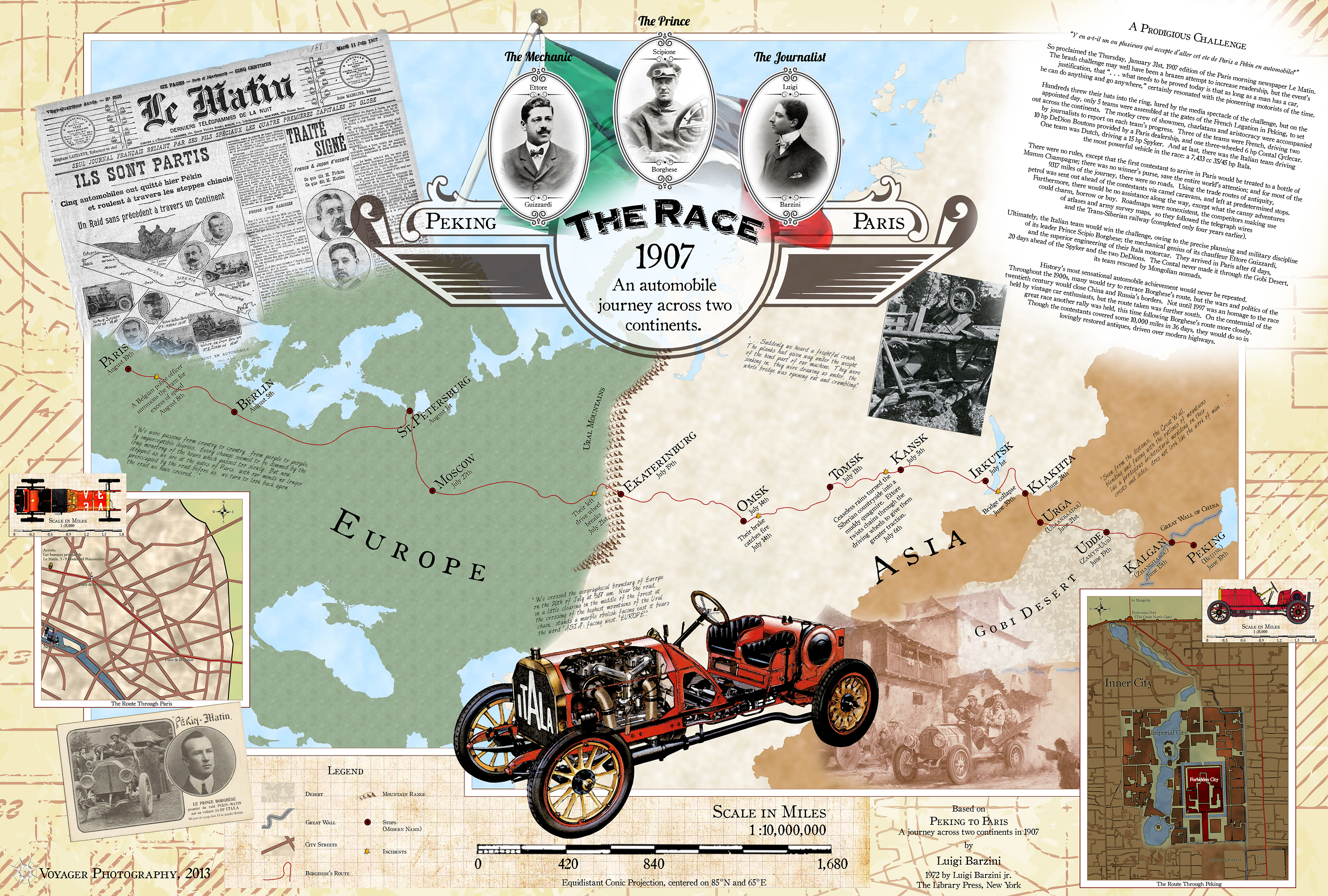 This project retraces the route of the historic Peking to Paris rally of 1907. The map incorporates street maps of old Peking and Paris digitized from historic sources, and map projections consistent with turn-of-the 20th century cartographic practice.