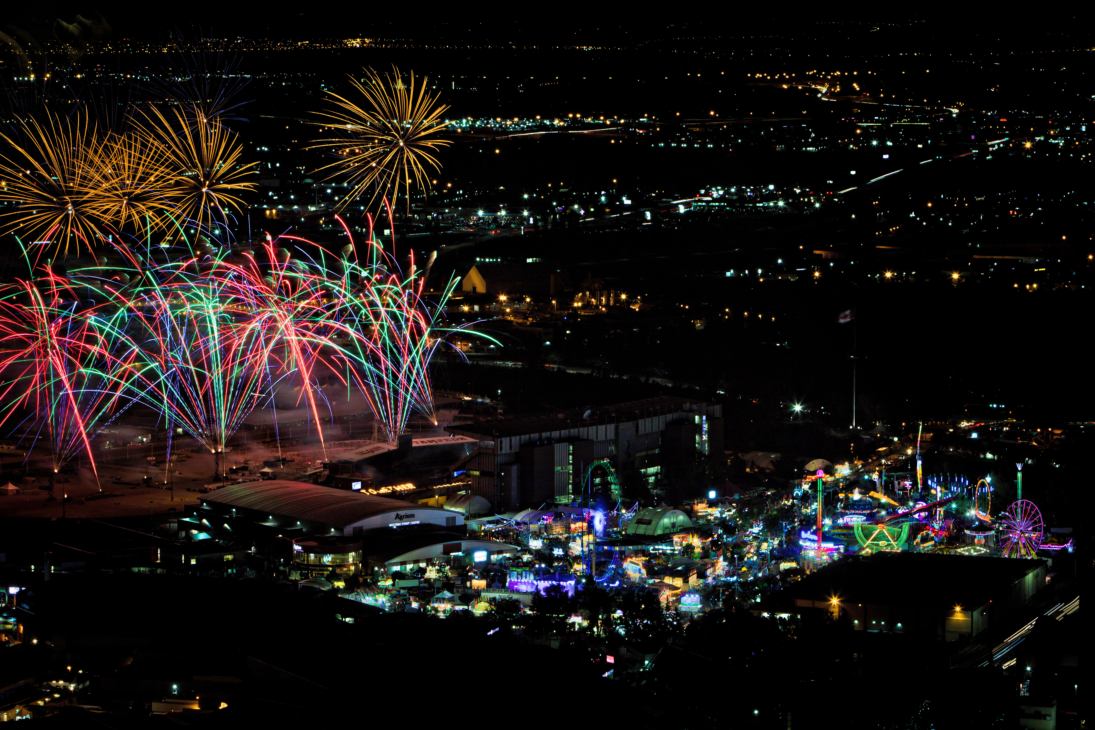 Every night of the Stampede is concluded with a great fireworks display. Seeing it from above, from the 50th floor of the Bow Building in downtown Calgary was a blast!