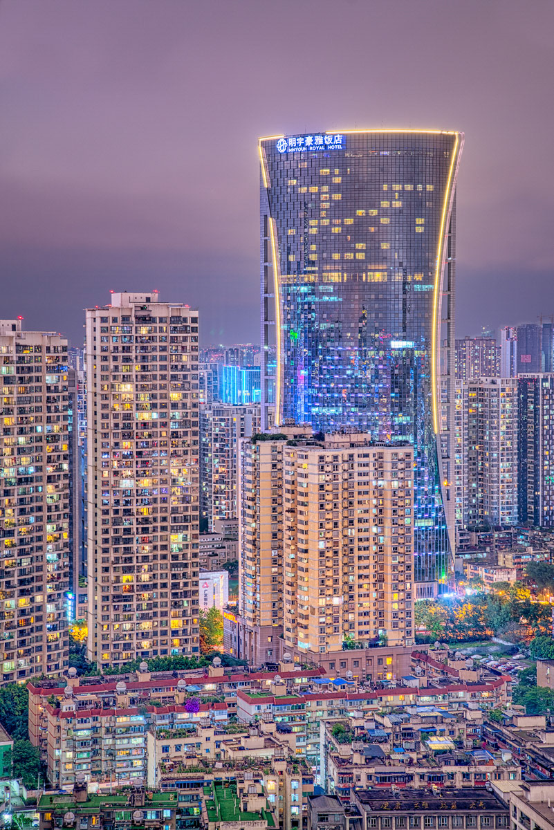Chendu Skyline at Night with Illuminated Highrise Buildings