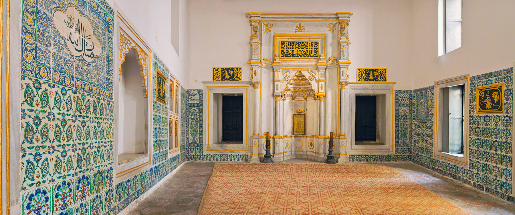 Ornate Mihrab and Tiled Walls of the Harem Masjid in Topkapı Palace