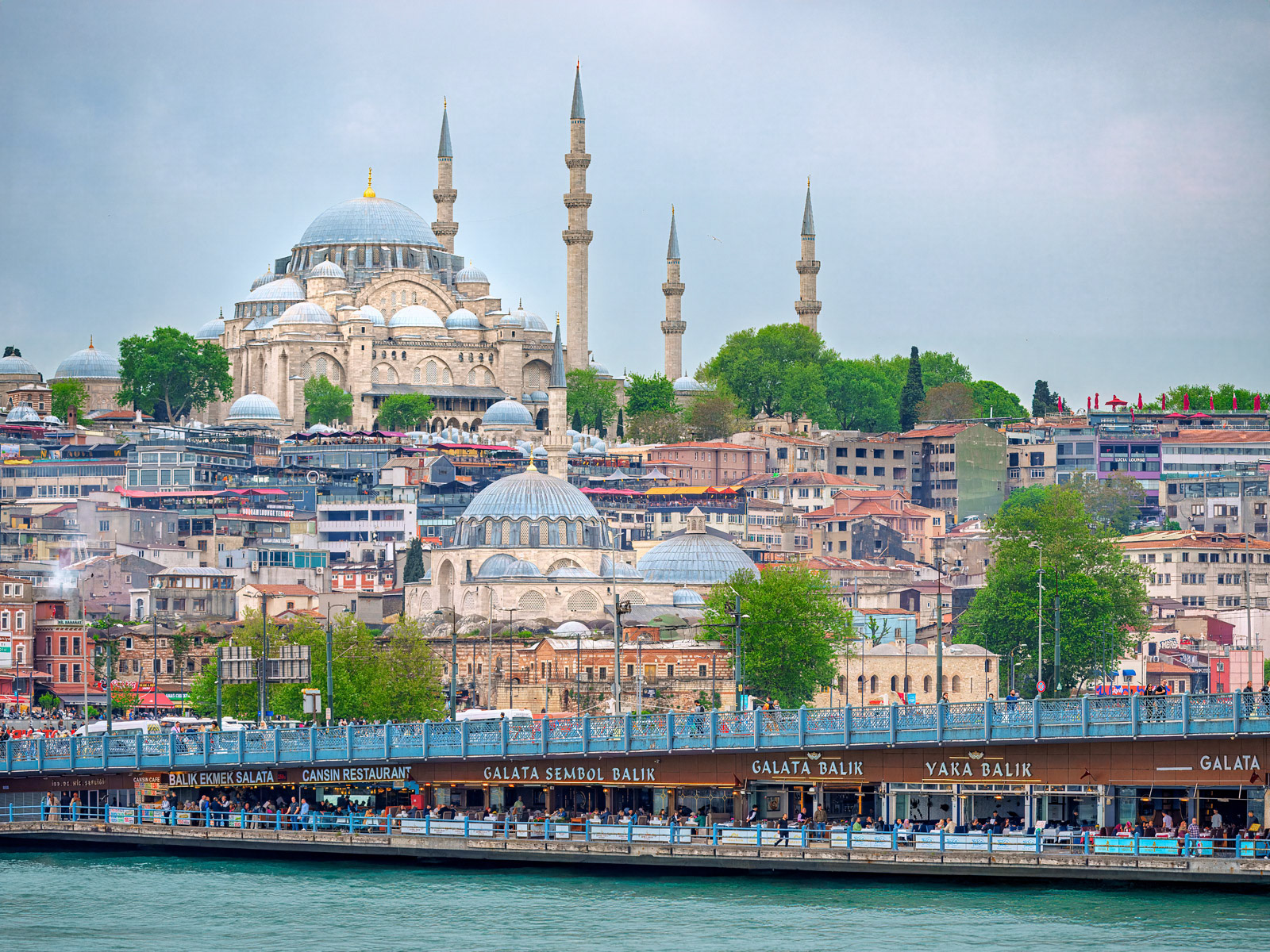 Galata Bridge Eminönü and Süleymaniye Mosque from the Golden Horn Waterway
