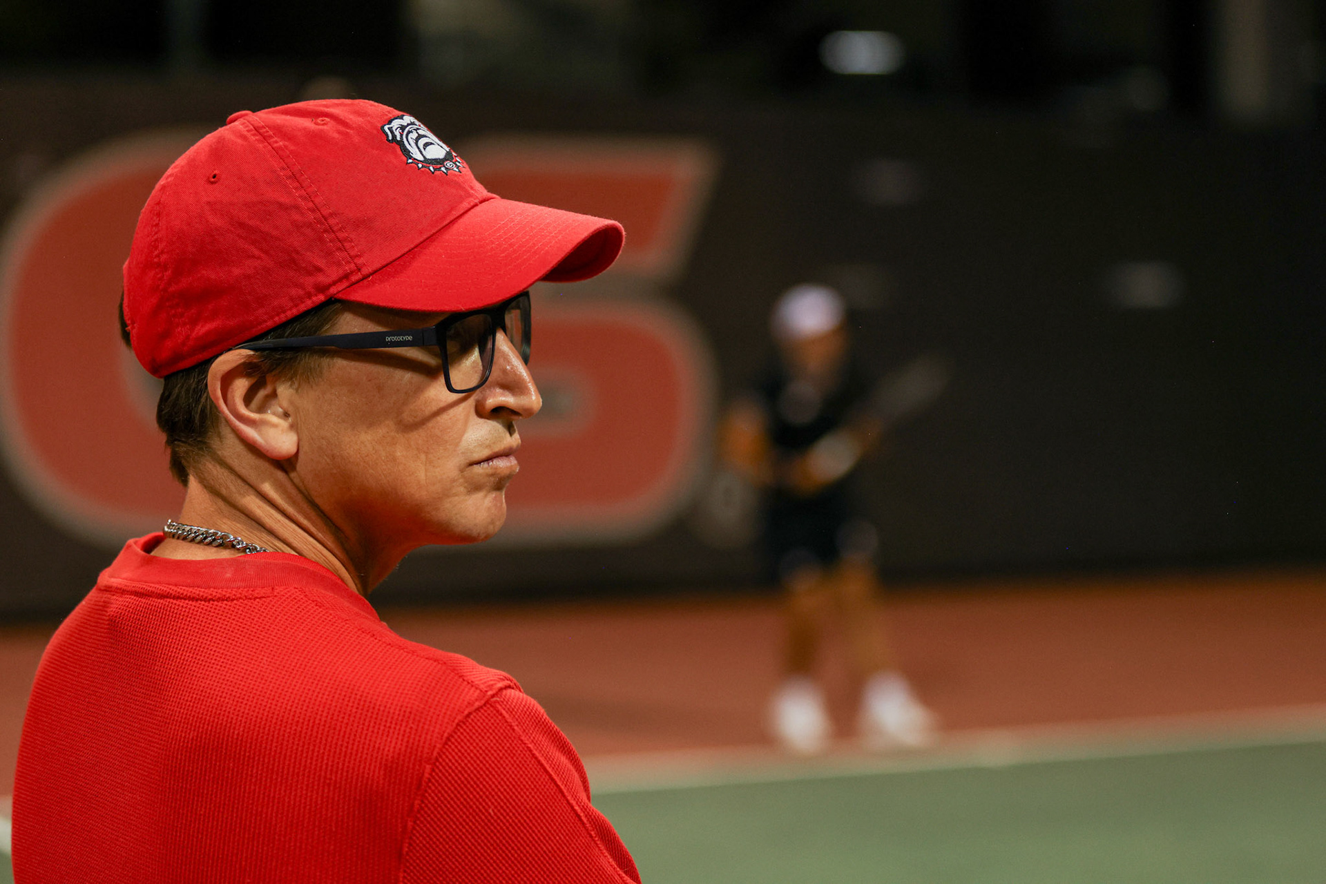 Georgia assistant coach Bruno Tiberti during Georgia’s match against Vanderbilt at the Henry Field Stadium at the Dan Magill Tennis Complex in Athens, Ga., on Friday, March 27, 2025. (Blake Caviness/UGAAA)