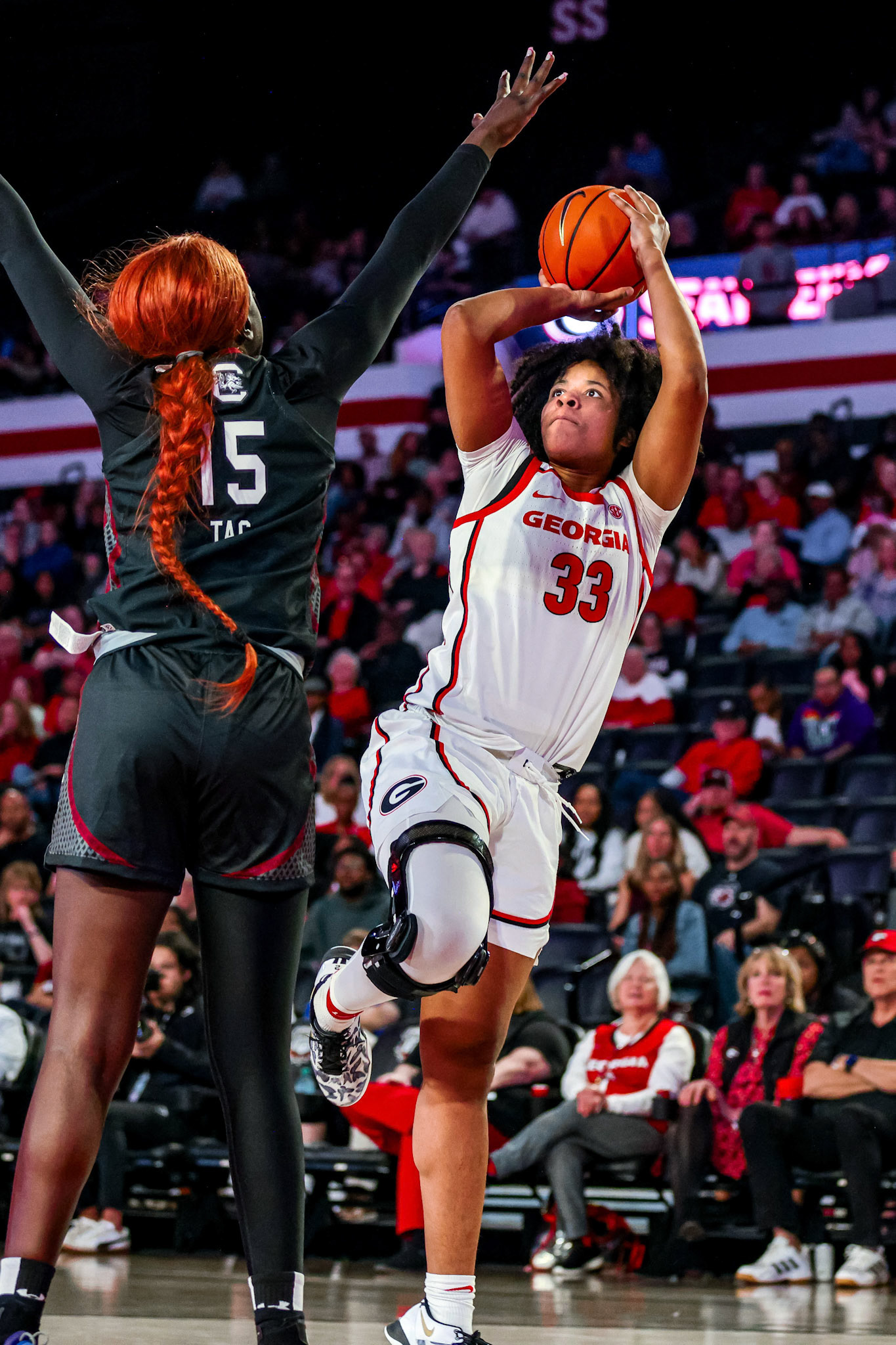 Georgia forward Mia Woolfolk (33) during Georgia’s game against South Carolina at Stegeman Coliseum in Athens, Ga., on Thursday, Feb. 6, 2025. (Blake Caviness/UGAAA)