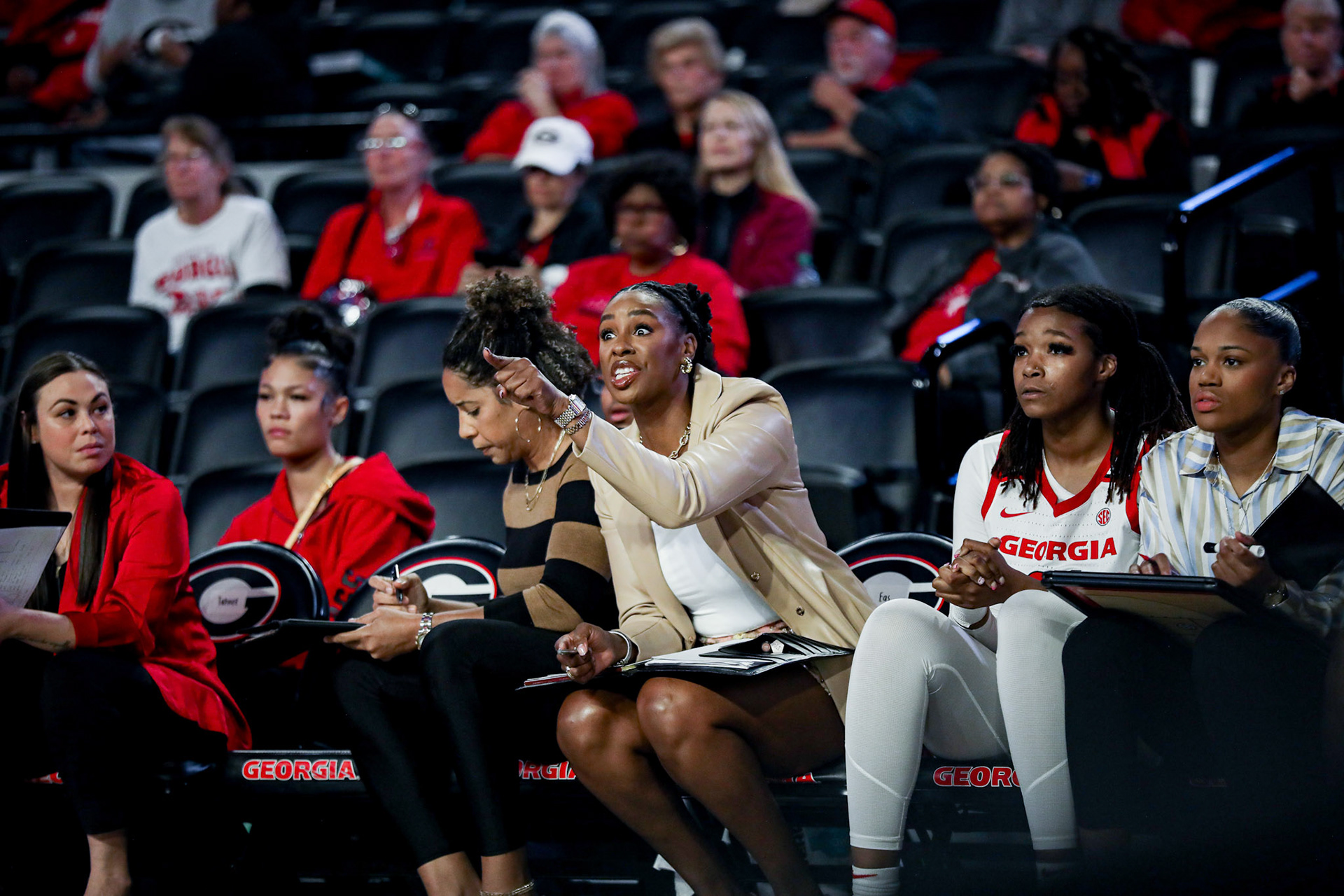 Georgia assistant coach Isoken Uzamere during Georgia’s game against Georgia State at Stegeman Coliseum in Athens, Ga., on Nov. 14, 2024. (Blake Caviness/UGAAA)