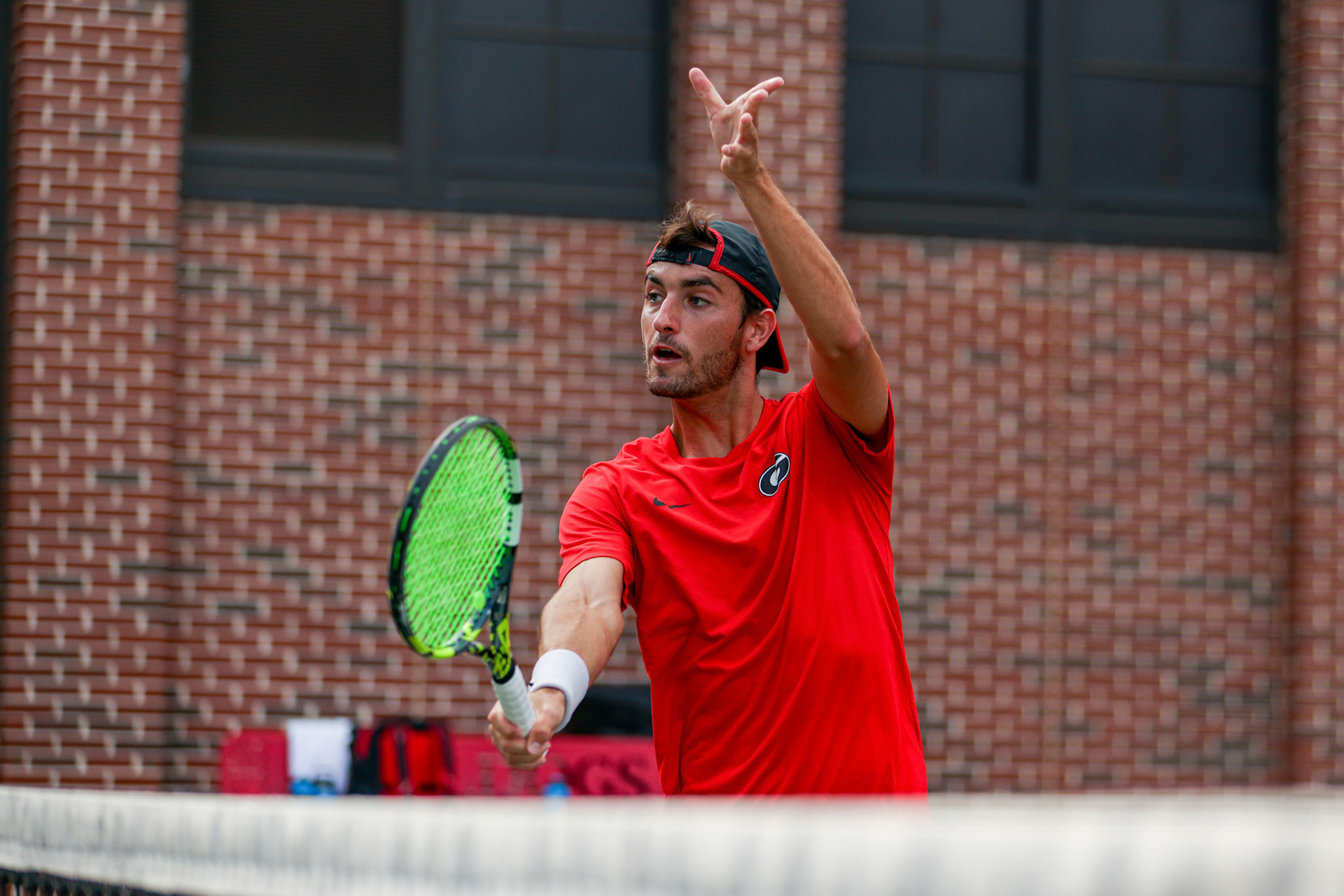 Georgia tennis player Oscar Pinto Sansano during Georgia’s match against Vanderbilt at the Henry Field Stadium at the Dan Magill Tennis Complex in Athens, Ga., on Friday, April 11, 2025. (Blake Caviness/UGAAA)