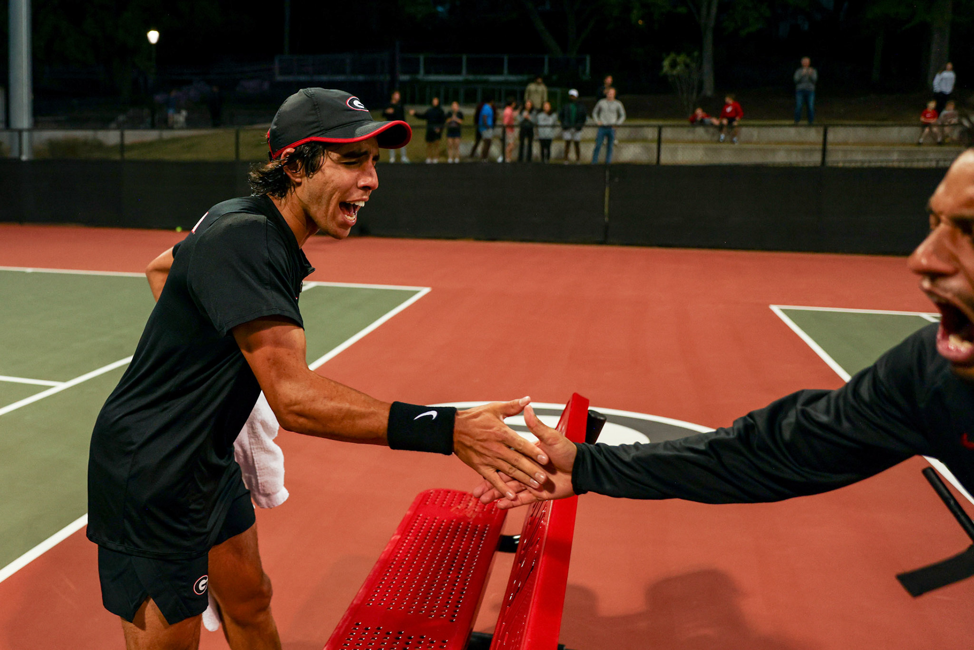 Georgia tennis player Cyrus Mahjoob during Georgia’s match against Texas at the Henry Field Stadium at the Dan Magill Tennis Complex in Athens, Ga., on Friday, April 11, 2025. (Blake Caviness/UGAAA)