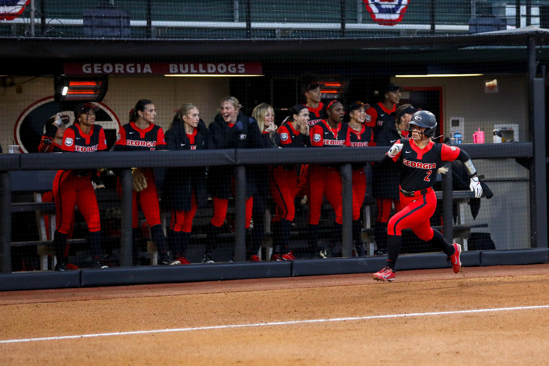 Georgia infielder and outfielder Jaydyn Goodwin (2) during Georgia’s game against Michigan State in the 2025 Red &amp; Black Showcase presented by T-Mobile at Jack Turner Stadium in Athens, Ga., on Friday, Feb. 14, 2025. (Blake Caviness/UGAAA)