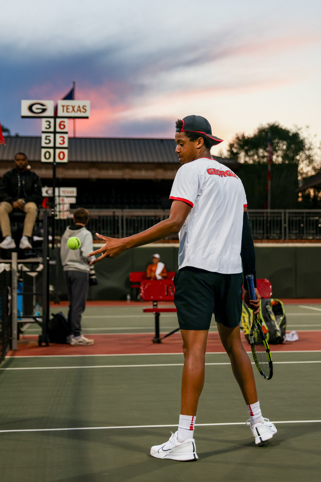 Georgia tennis player Niels Ratiu during Georgia’s match against Texas at the Henry Field Stadium at the Dan Magill Tennis Complex in Athens, Ga., on Friday, April 11, 2025. (Blake Caviness/UGAAA)