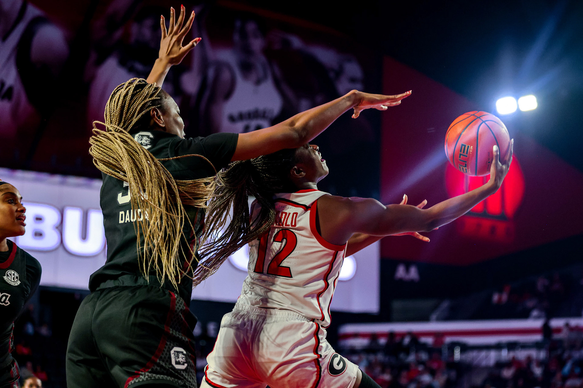 Georgia guard Roxane Makolo (12) during Georgia’s game against South Carolina at Stegeman Coliseum in Athens, Ga., on Thursday, Feb. 6, 2025. (Blake Caviness/UGAAA)