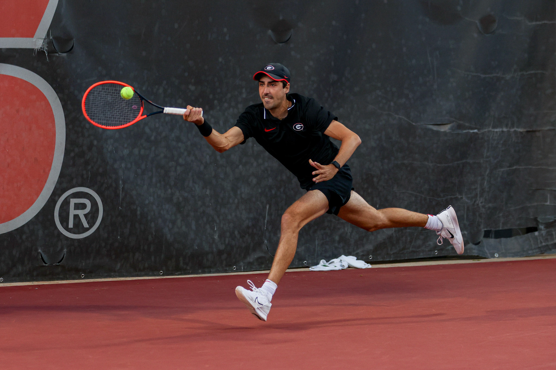 Georgia tennis player Thomas Paulsell during Georgia’s match against Texas at the Henry Field Stadium at the Dan Magill Tennis Complex in Athens, Ga., on Friday, April 11, 2025. (Blake Caviness/UGAAA)
