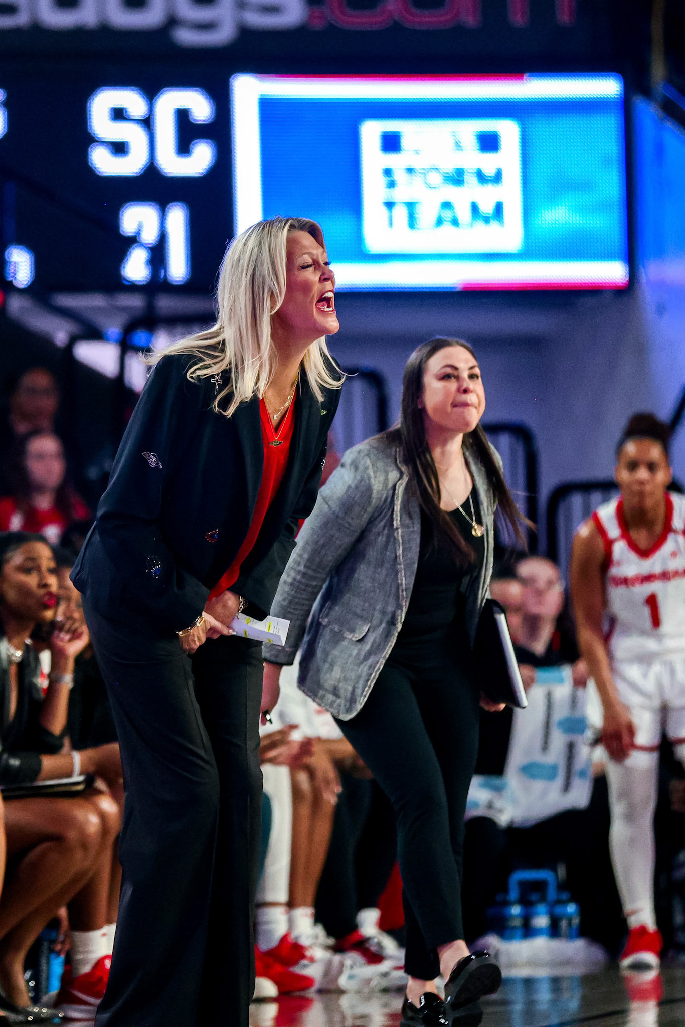 Georgia head coach Katie Abrahamson-Henderson during Georgia’s game against South Carolina at Stegeman Coliseum in Athens, Ga., on Thursday, Feb. 6, 2025. (Blake Caviness/UGAAA)