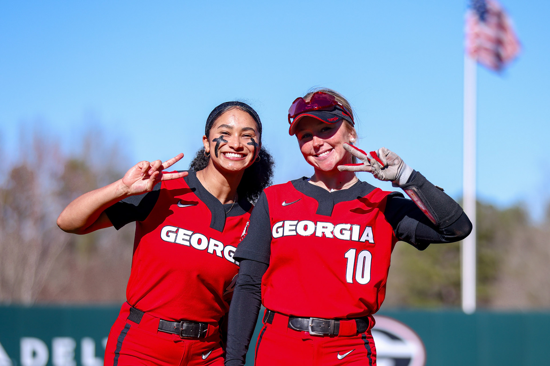 Georgia infielder and utility player Precious Bross (9), Georgia utility player Mollie Mitchell (10) before Georgia’s game against Stetson in the 2025 Bulldog Classic at Jack Turner Stadium in Athens, Ga., on Friday, Feb. 28, 2025. (Blake Caviness/UGAAA)