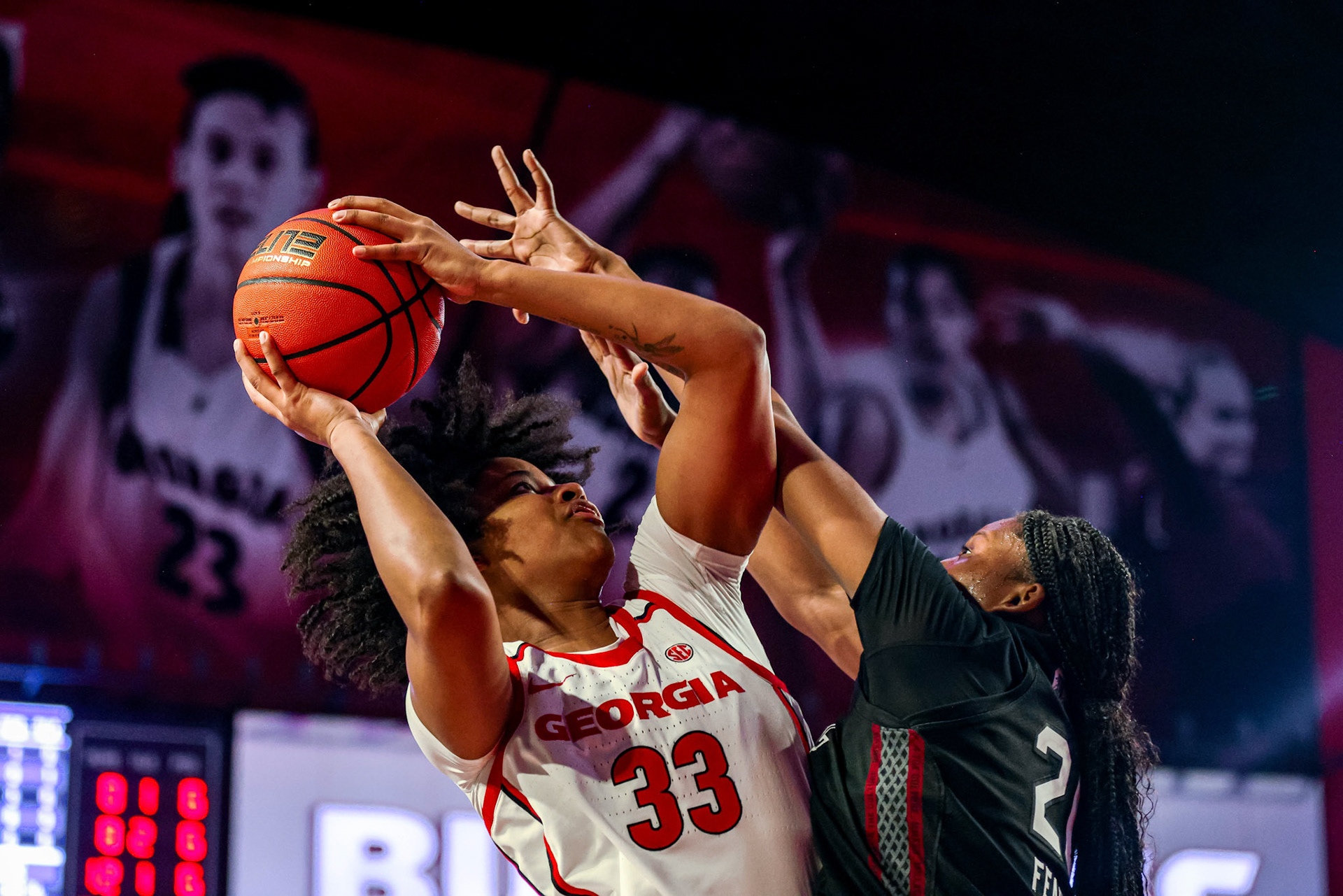 Georgia forward Mia Woolfolk (33) during Georgia’s game against South Carolina at Stegeman Coliseum in Athens, Ga., on Thursday, Feb. 6, 2025. (Blake Caviness/UGAAA)