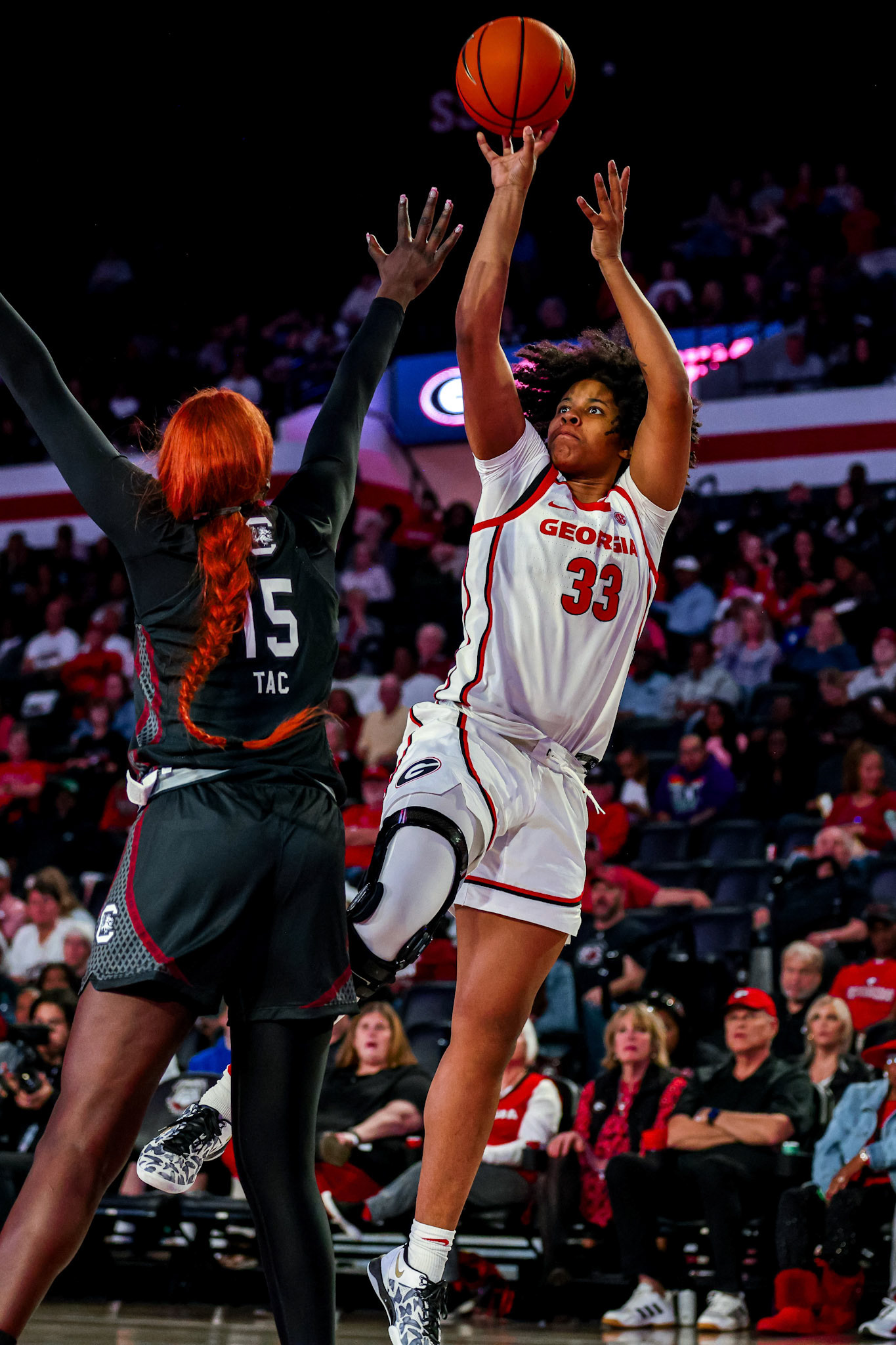 Georgia forward Mia Woolfolk (33) during Georgia’s game against South Carolina at Stegeman Coliseum in Athens, Ga., on Thursday, Feb. 6, 2025. (Blake Caviness/UGAAA)