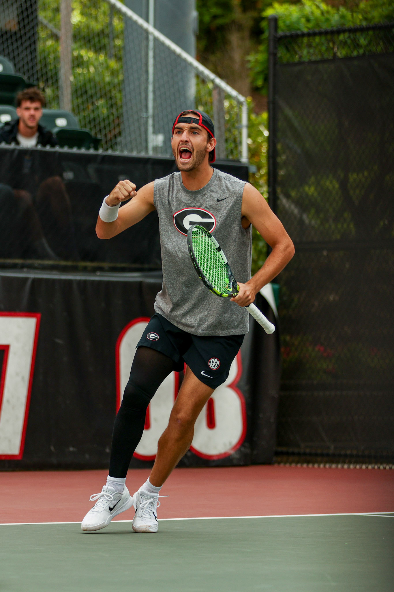 Georgia tennis player Oscar Pinto Sansano during Georgia’s match against Texas at the Henry Field Stadium at the Dan Magill Tennis Complex in Athens, Ga., on Friday, April 11, 2025. (Blake Caviness/UGAAA)