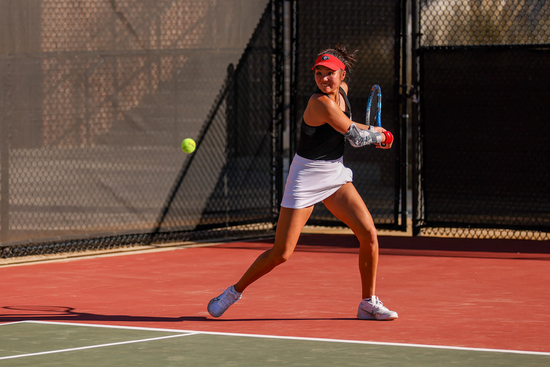 Georgia tennis player Mai Nirundorn during Georgia’s match against Arkansas at Henry Feild Stadium inside the Dan Magill Tennis Complex in Athens, Ga., on Friday, March 21, 2025. (Blake Caviness/UGAAA)