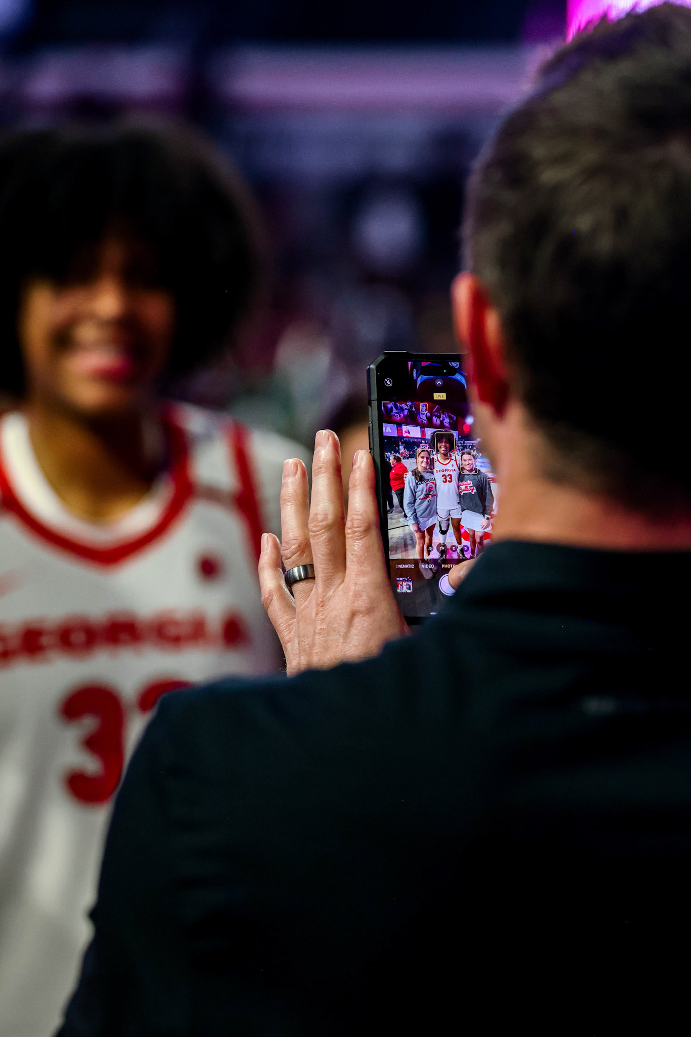 Georgia forward Mia Woolfolk (33), Georgia Fan after Georgia’s game against South Carolina at Stegeman Coliseum in Athens, Ga., on Thursday, Feb. 6, 2025. (Blake Caviness/UGAAA)