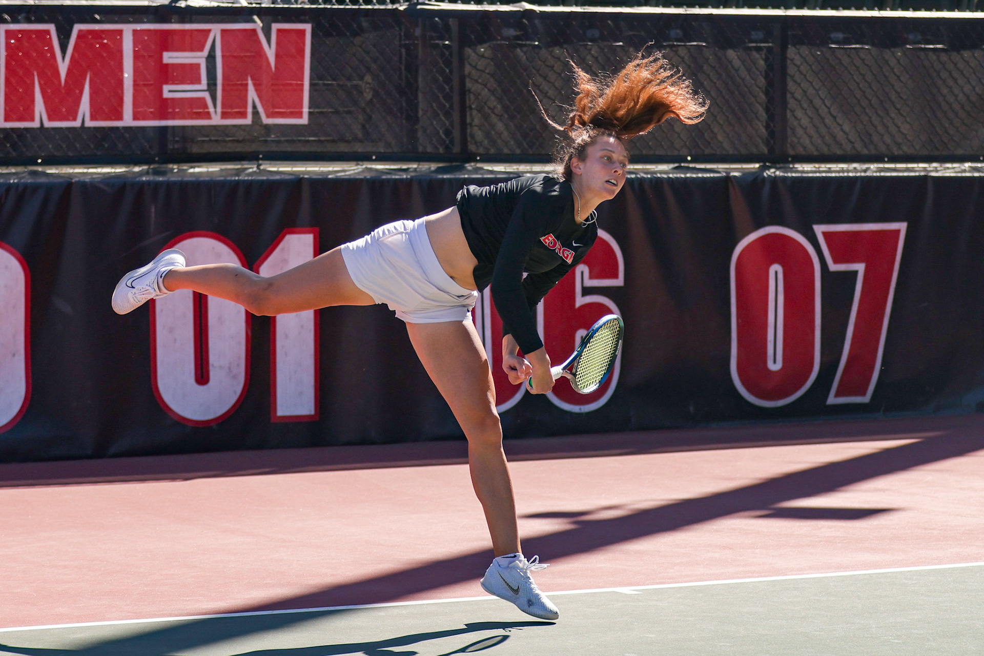 Georgia tennis player Dasha Vidmanova during Georgia’s match against Arkansas at Henry Feild Stadium inside the Dan Magill Tennis Complex in Athens, Ga., on Friday, March 21, 2025. (Blake Caviness/UGAAA)
