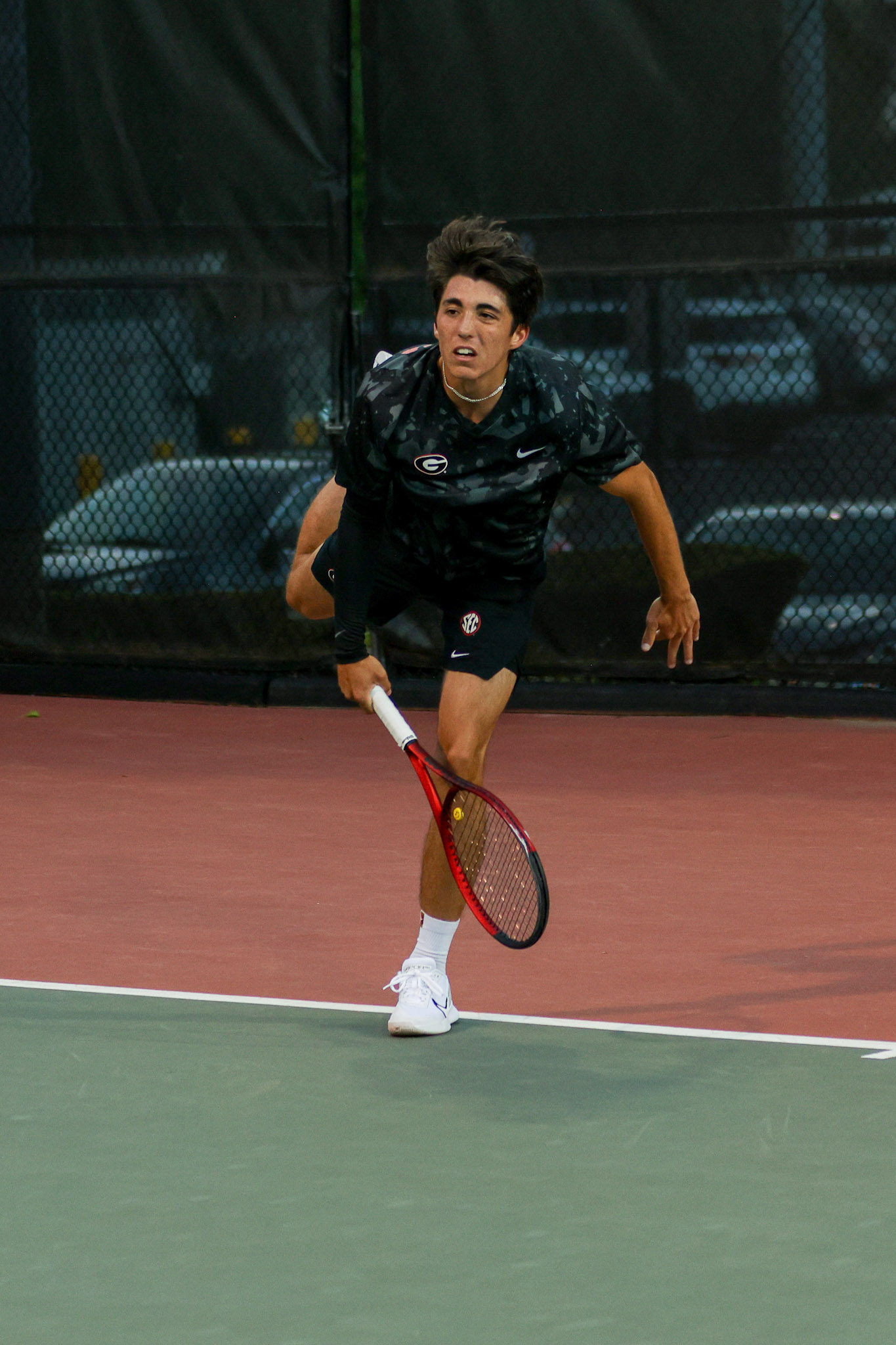 Georgia tennis player Ryan Colby during Georgia’s match against Texas at the Henry Field Stadium at the Dan Magill Tennis Complex in Athens, Ga., on Friday, April 11, 2025. (Blake Caviness/UGAAA)