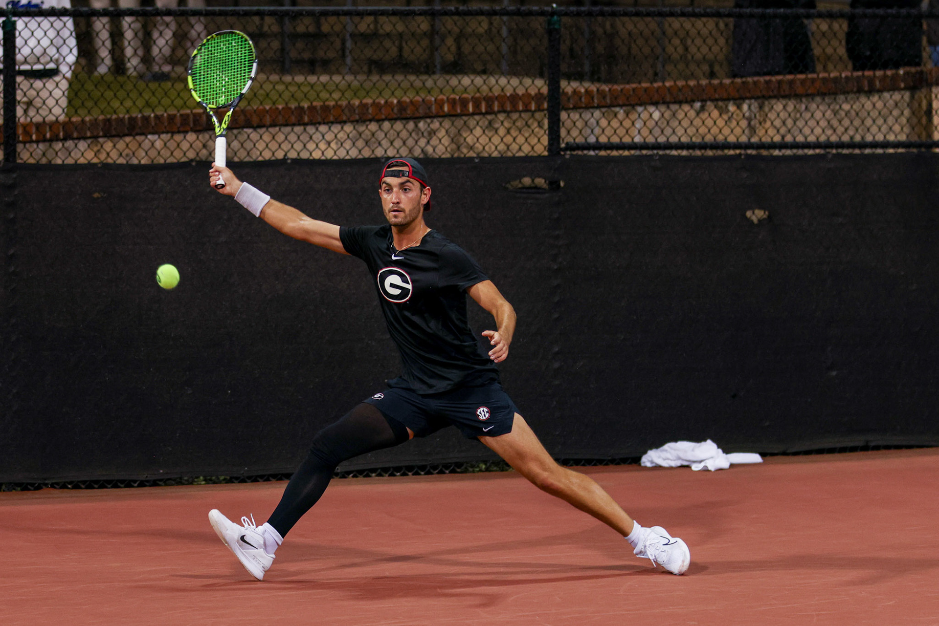Georgia tennis player Oscar Pinto Sansano during Georgia’s match against Texas at the Henry Field Stadium at the Dan Magill Tennis Complex in Athens, Ga., on Friday, April 11, 2025. (Blake Caviness/UGAAA)