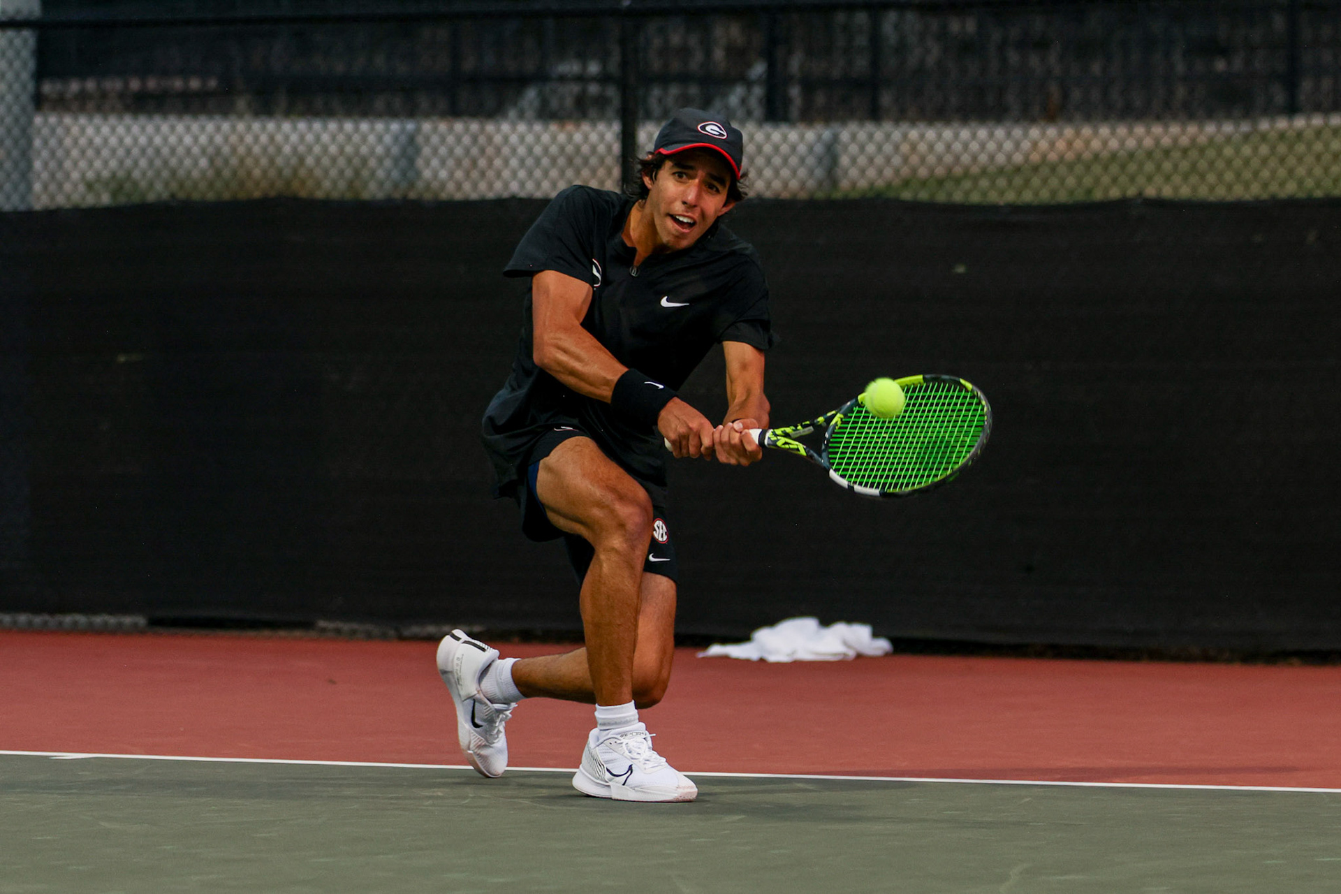 Georgia tennis player Cyrus Mahjoob during Georgia’s match against Texas at the Henry Field Stadium at the Dan Magill Tennis Complex in Athens, Ga., on Friday, April 11, 2025. (Blake Caviness/UGAAA)