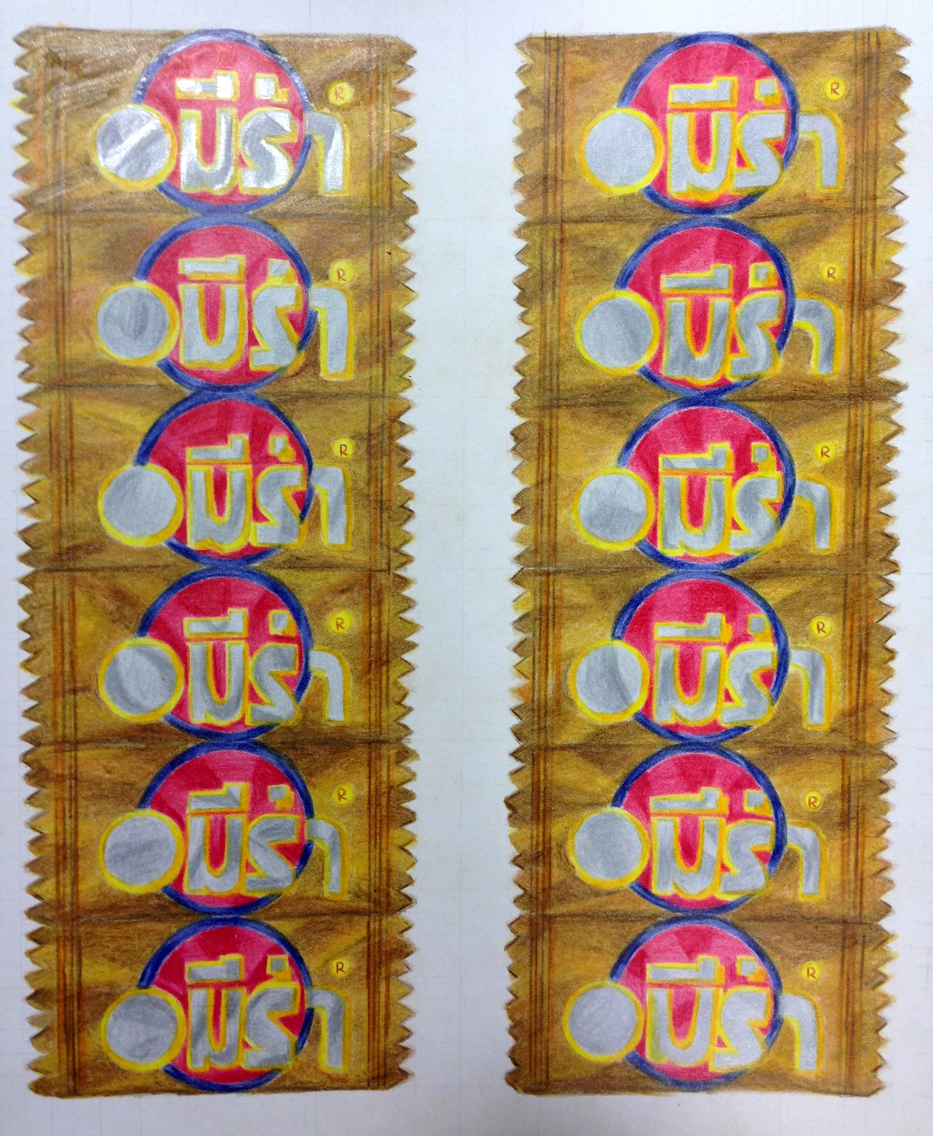 11"x 14" Color pencil on paper, Candy Packages