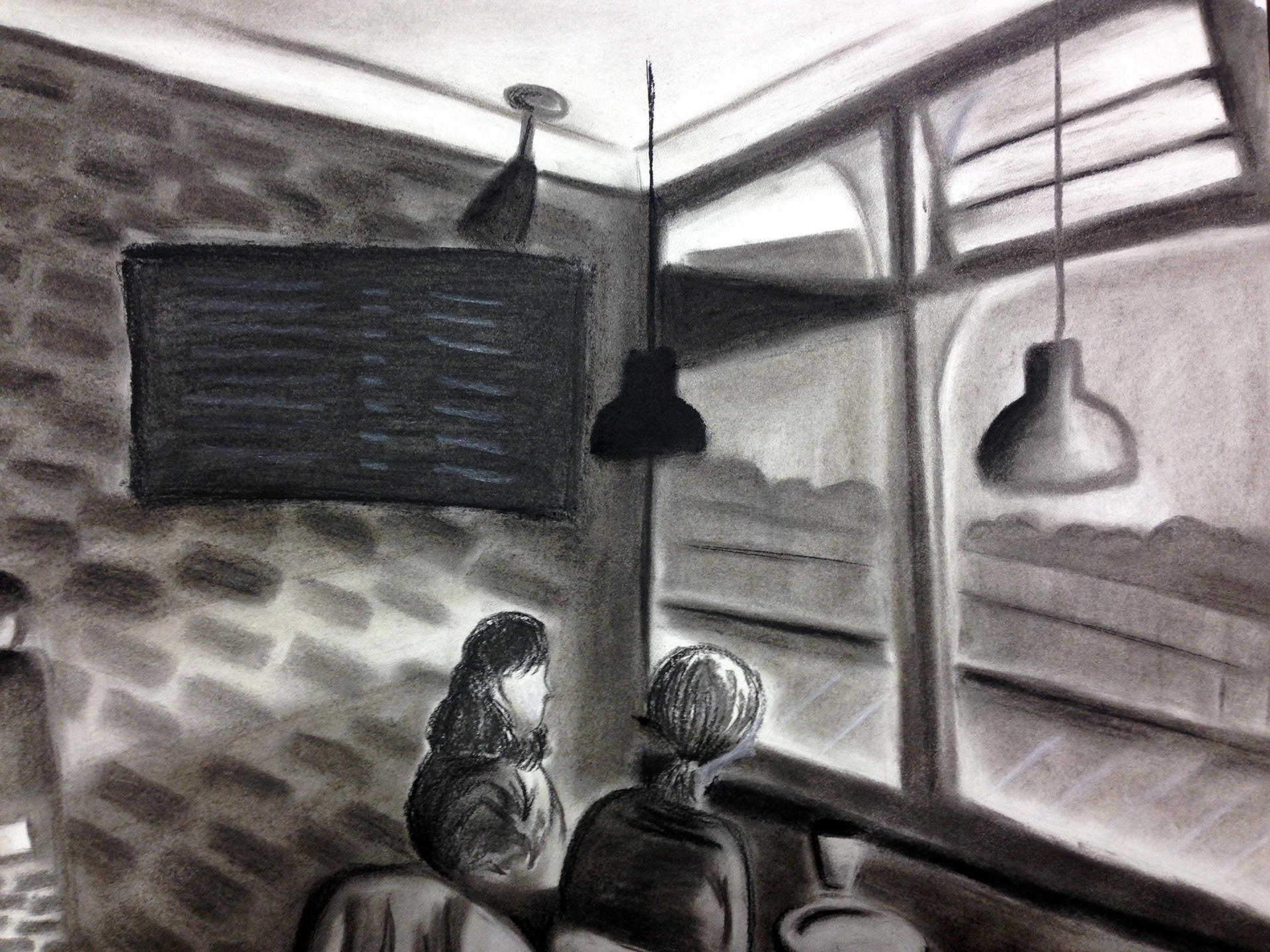 24"x 18" Charcoal on paper,  Cafe