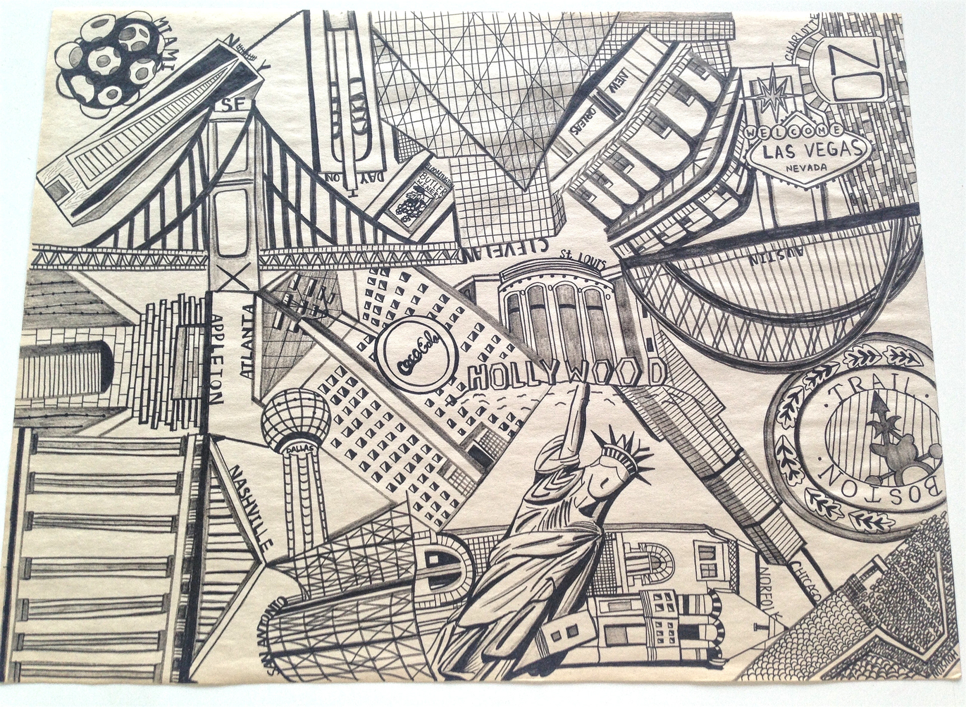 24"x 18" Ink pen on paper, Travel in America II