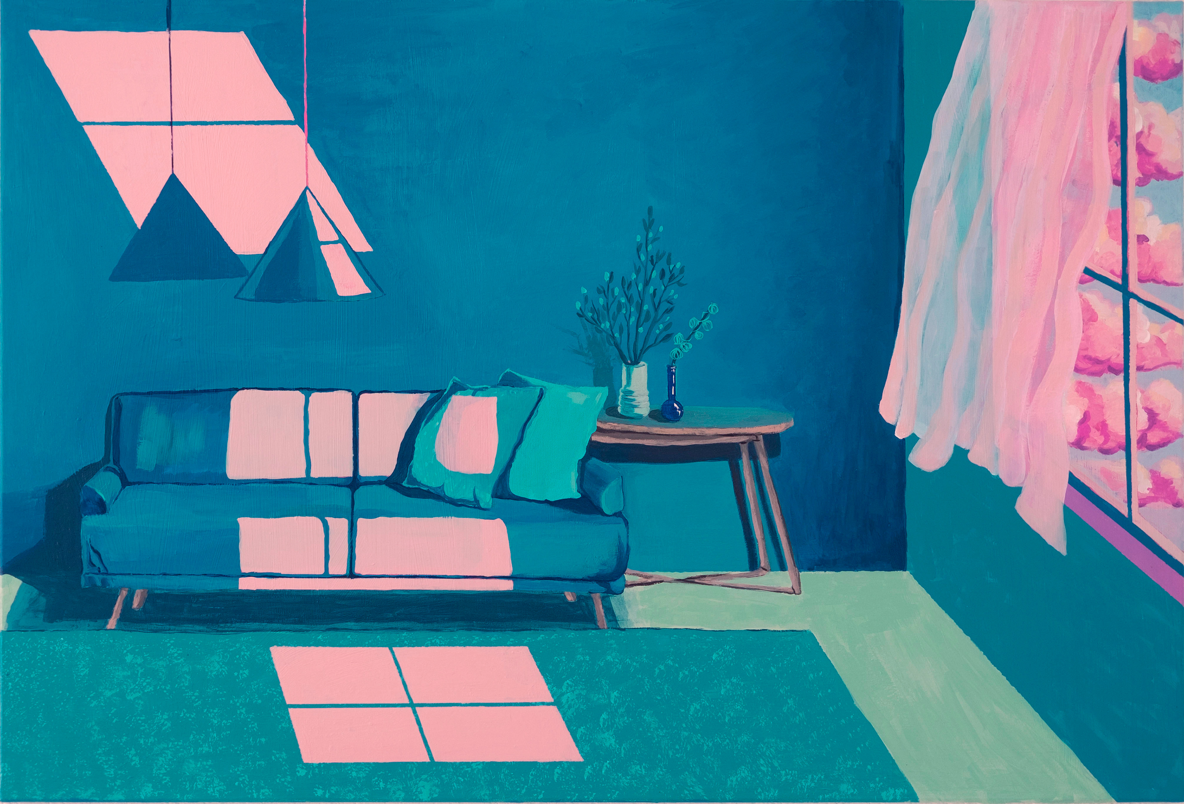 At home in the year 2020 painting, blue interior with pink lights on walls and a sofa from a window with a pink cloudy sky