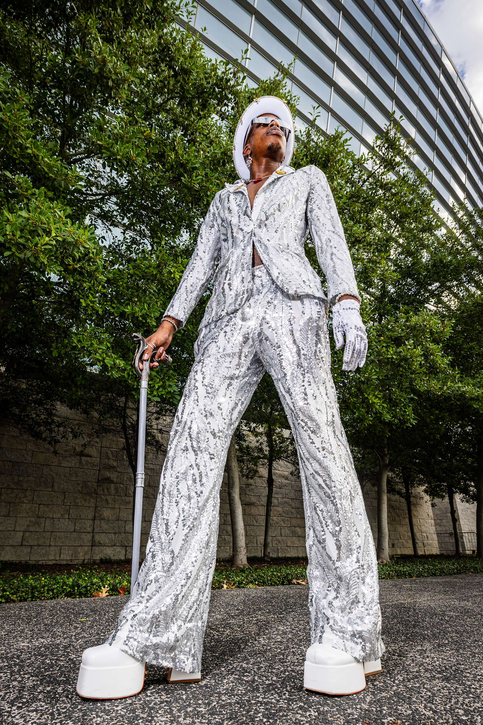 Michael Quincy-Sanders shows off his bedazzled outfit before entering Beyonce’s Renaissance World Tour at AT&T Stadium in Arlington on Thursday, Sept. 21, 2023.