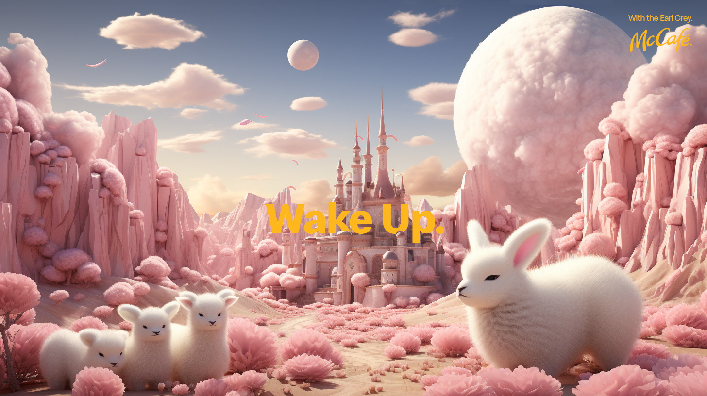 McCafé wakes you up to bring you back to reality. AI generated images of different dreams, getting awake through the fitting drink.