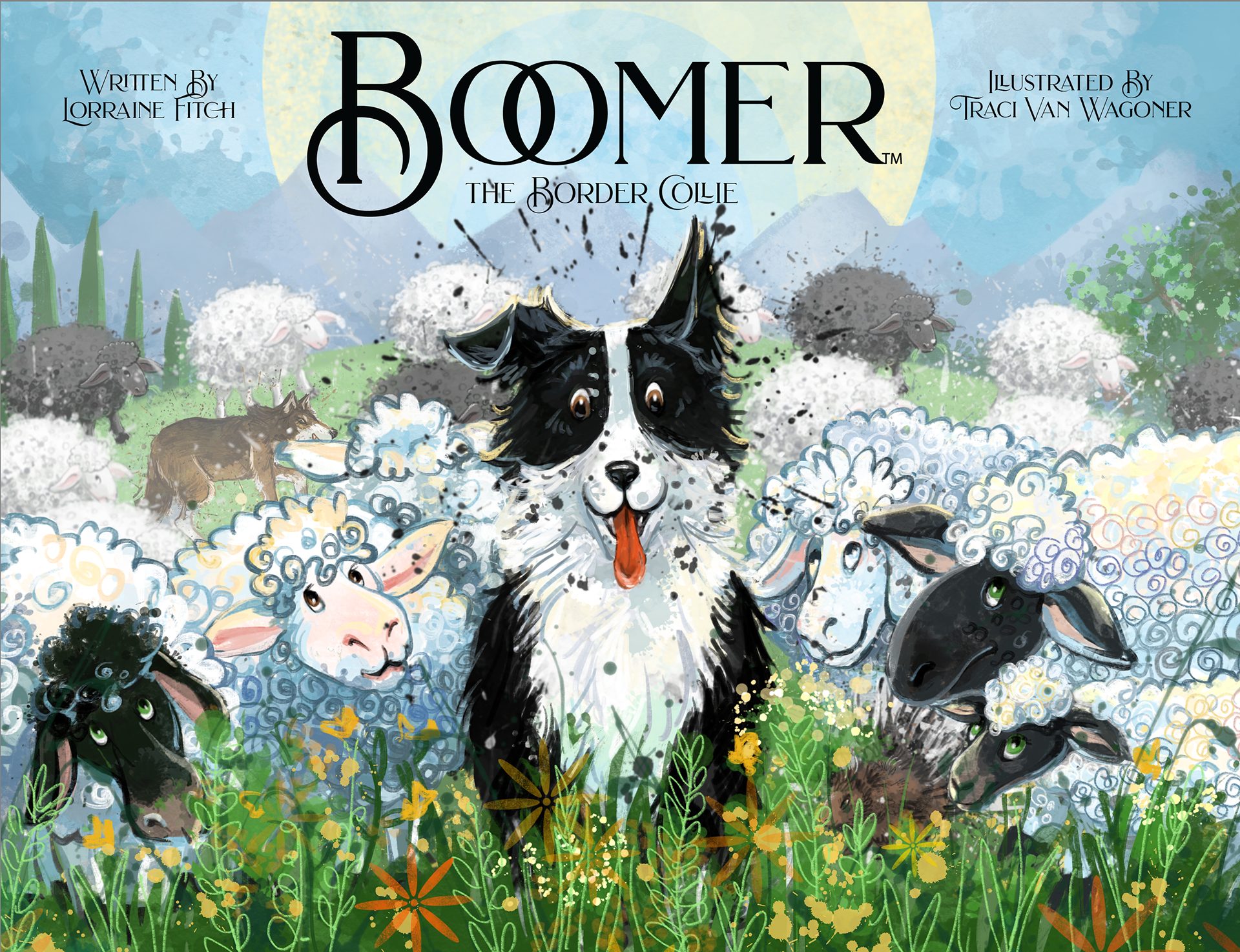 Book cover for the children's book Boomer, the Border Collie, showing Boomer among his sheep with all his sheep in order behind him.