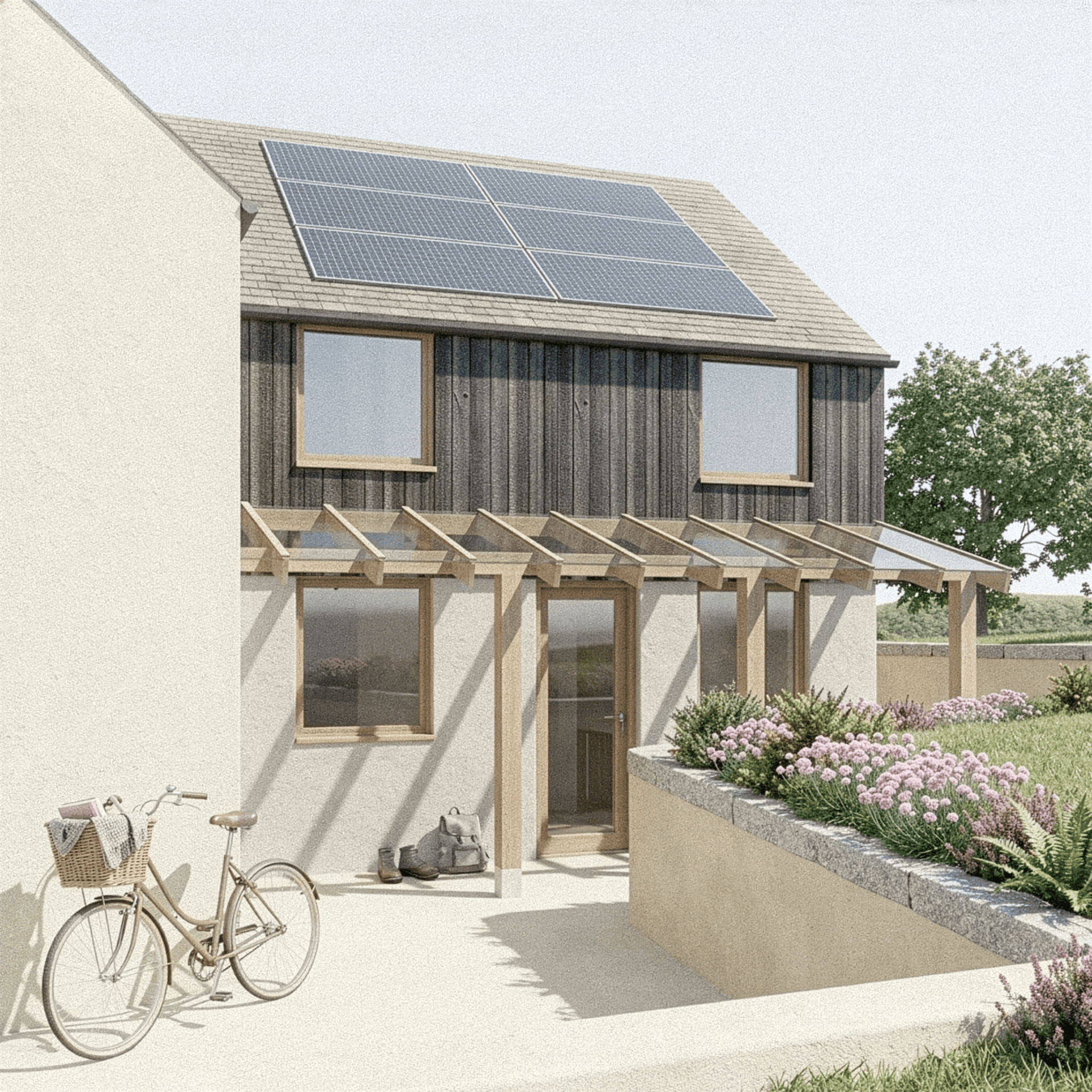 Portfolio montage of architectural services in Cornwall, UK, featuring high-quality planning application renders, conceptual designs, rustic barn conversions, modern home extensions, and full-scale property renovations.