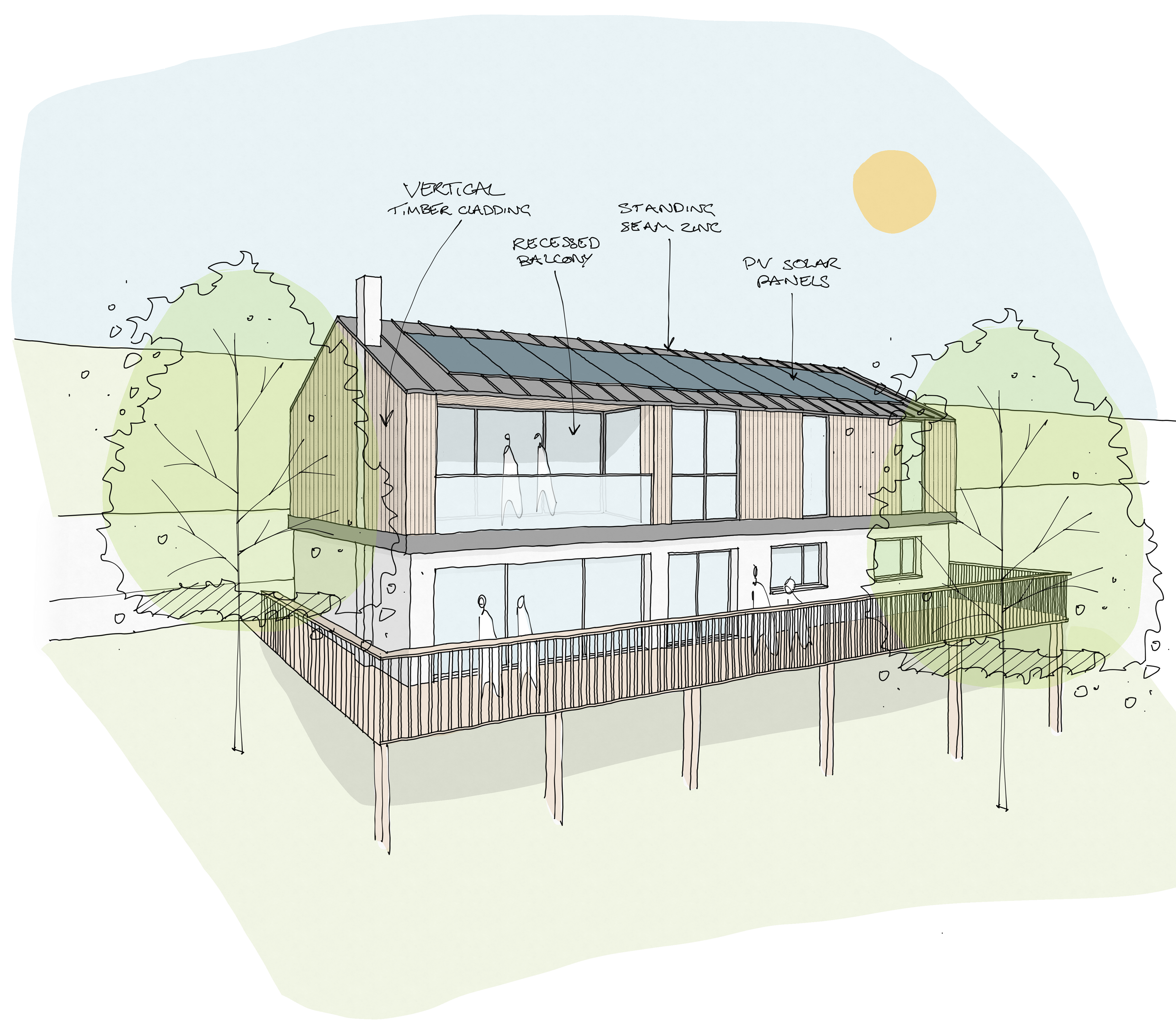 Architectural concept design sketch treetops Portreath Redruth Cornwall UK 