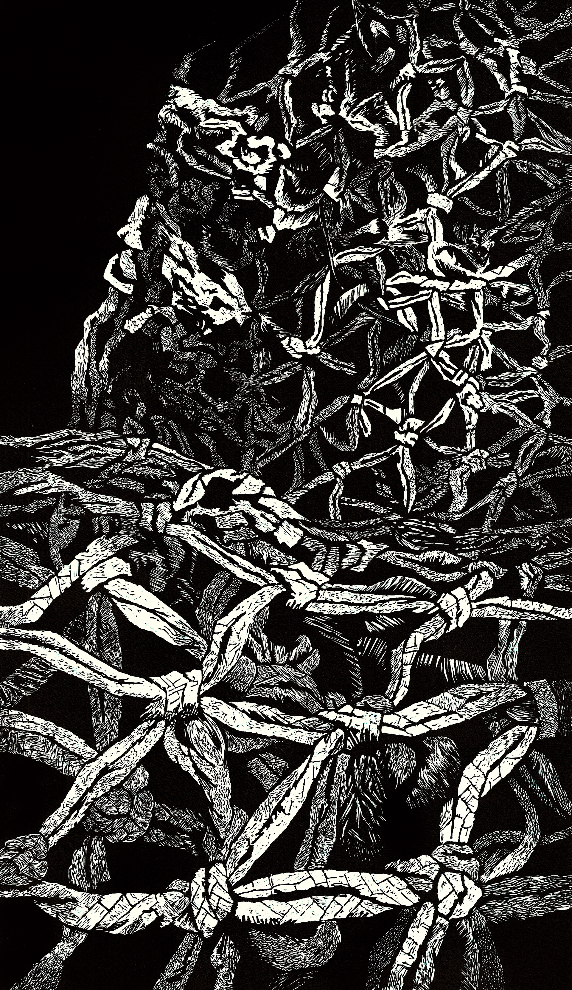 Entangled below the surface BW, Linocut, 66 x 40 cm