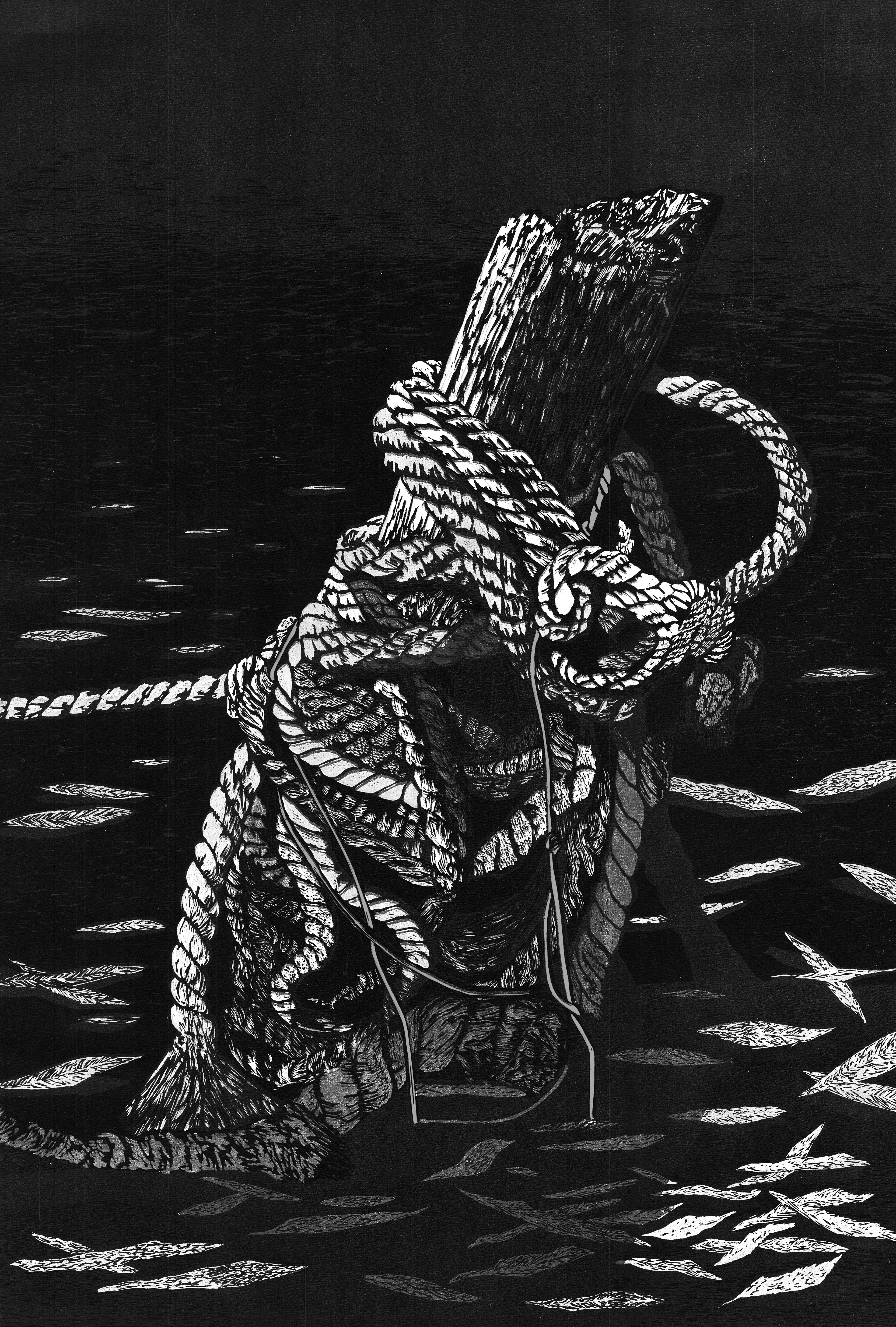 Bound to the sea, Linocut, 63 x 44 cm
