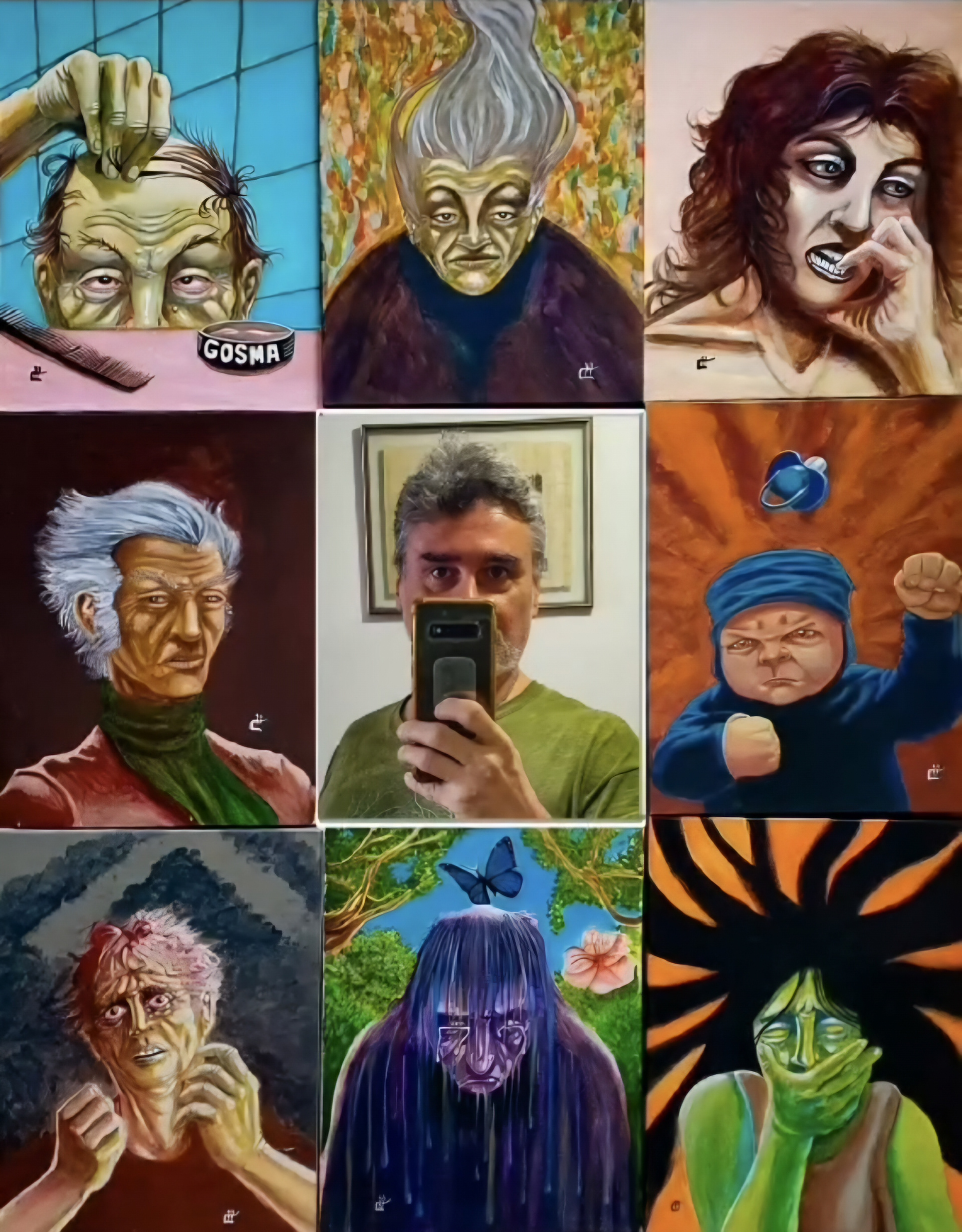 "Retratos Imaginários". Acrílica sobre tela em oito telas + um espelho. Cada peça em 30 X 40 cm. Tamanho total, montado: 90 X 120 cm. Valor: R$ 1.500,00 + custo de montagem.