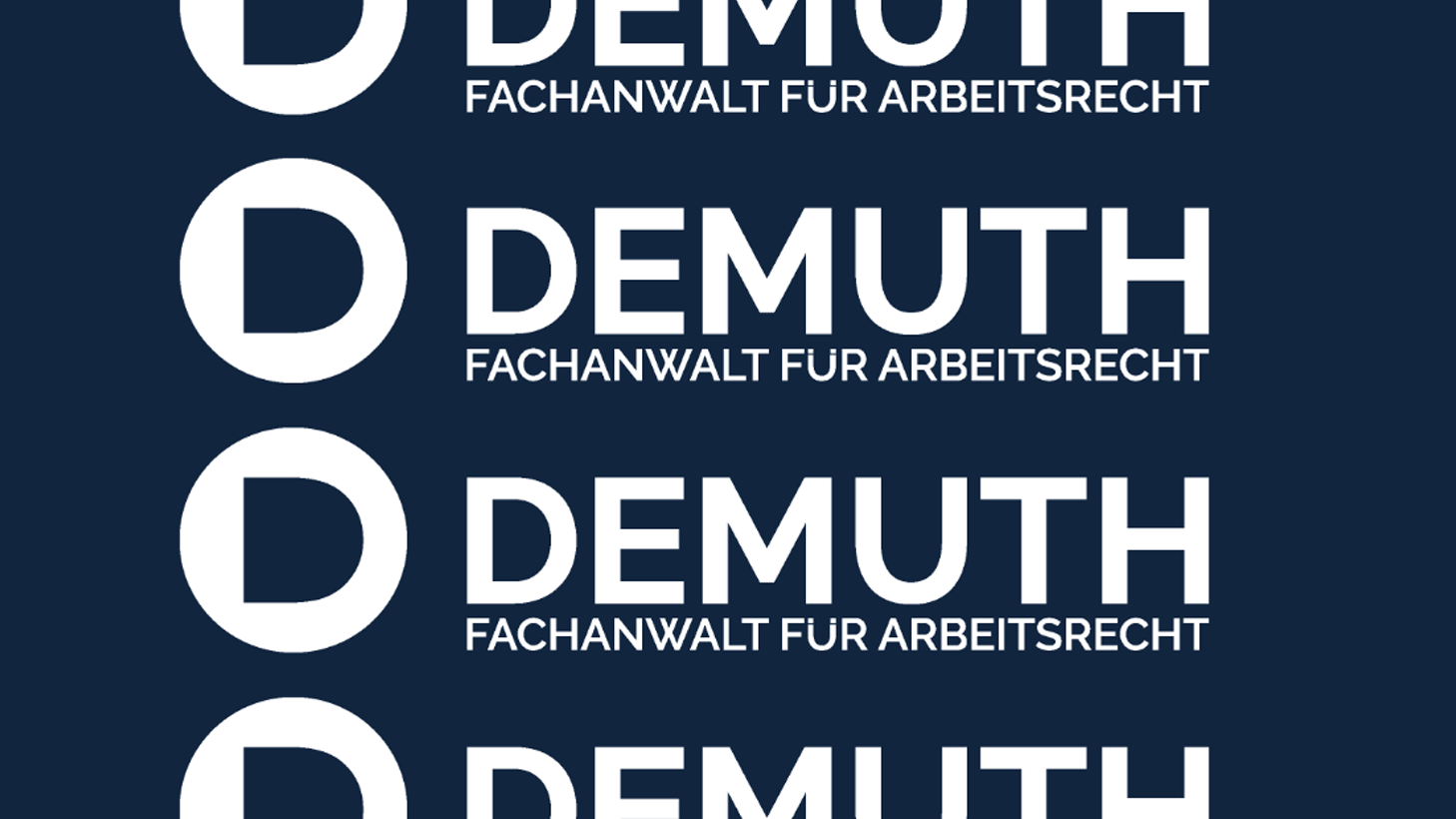Wiederholtes Logo der Kanzlei DEMUTH – Fachanwalt für Arbeitsrecht in weißer Typografie auf dunkelblauem Hintergrund, grafisch vertikal angeordnet.
