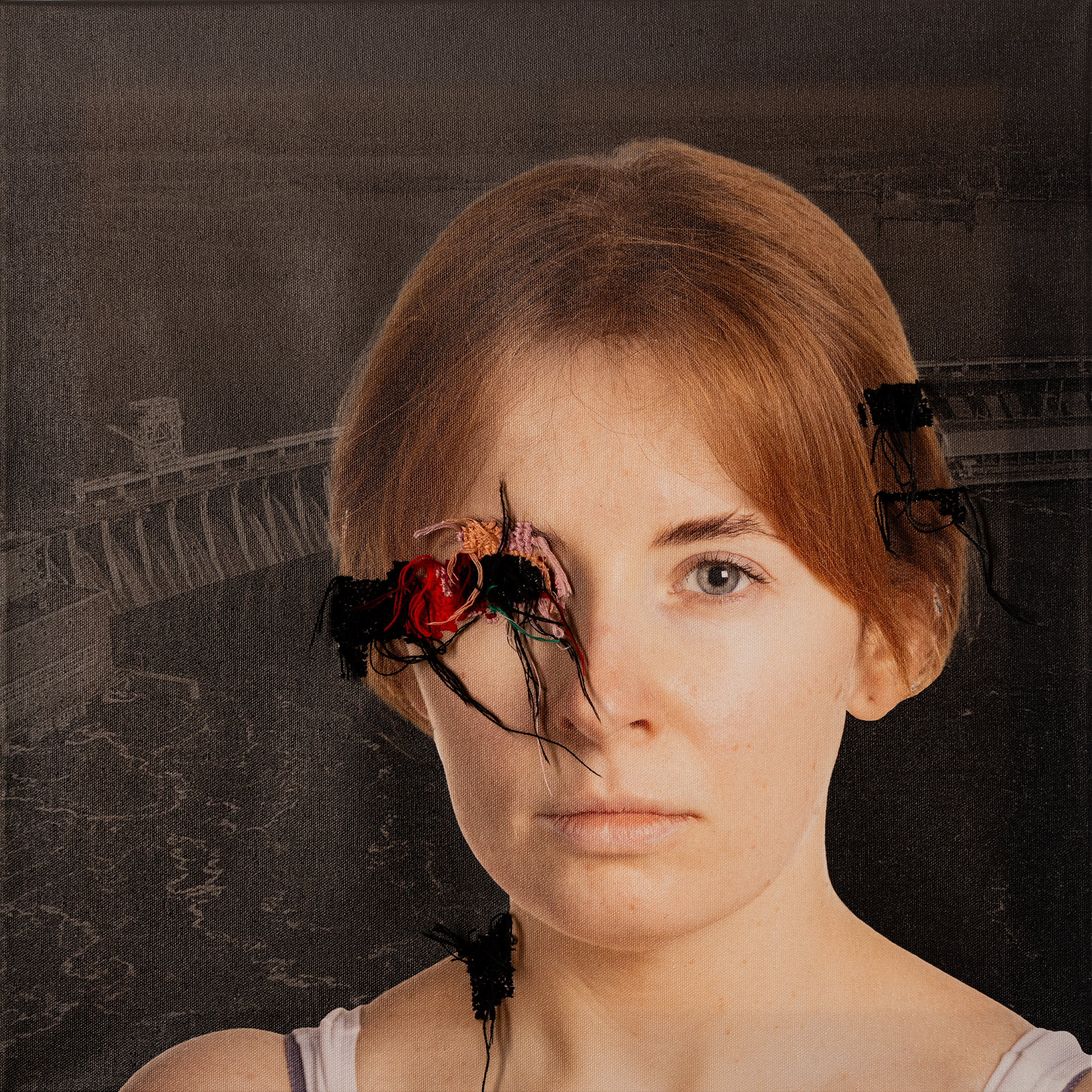 "Zaporizhzhia, to fit into the landscape" Illya Bel, Flora Gatsenko, Canvas, photo printing, embroidery with moulin threads 50 x 50 cm.