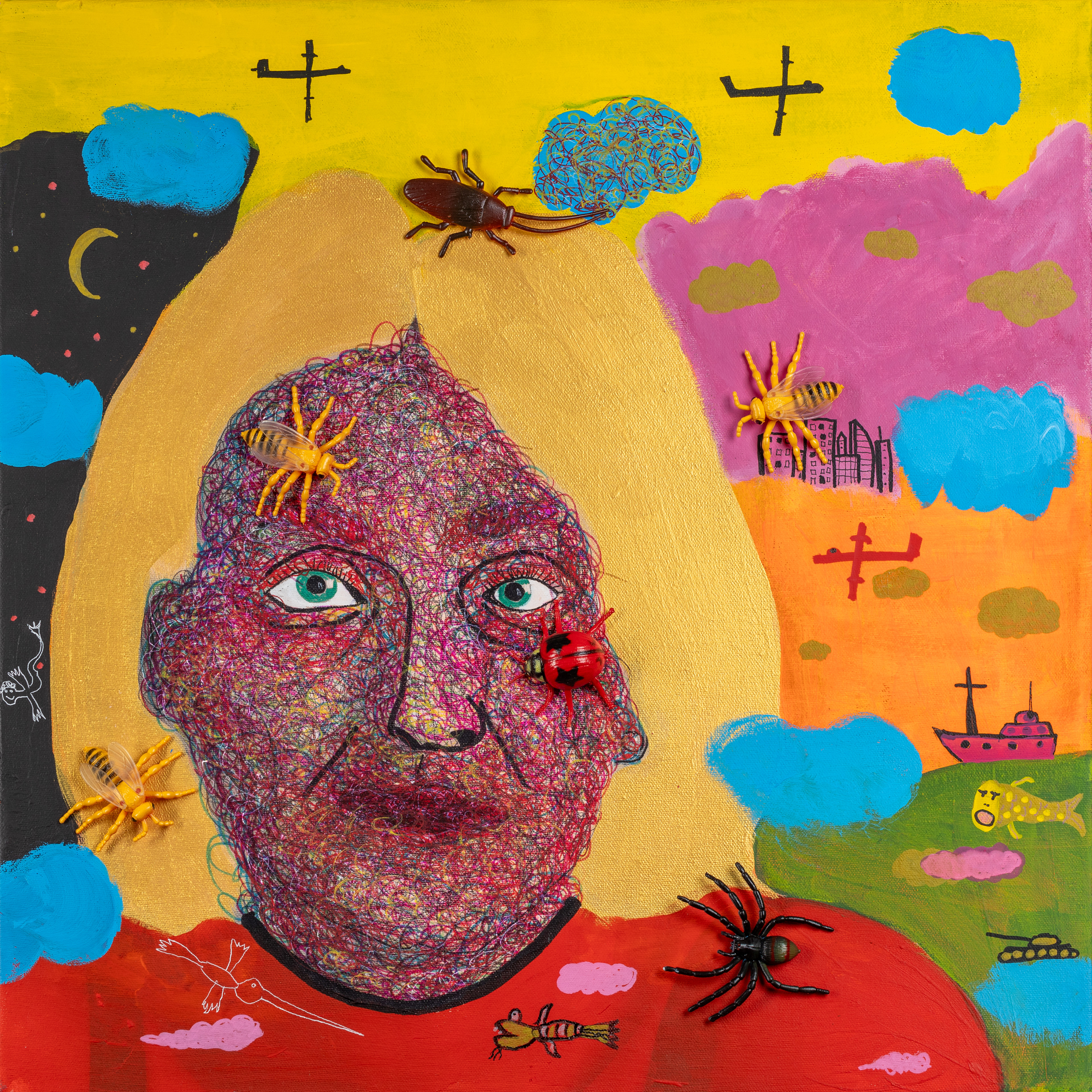 "Severodonetsk" Illya Bel, Oleksandr Liapin, Canvas, photo print, acryl, pen, assemblage 50 x 50 cm.