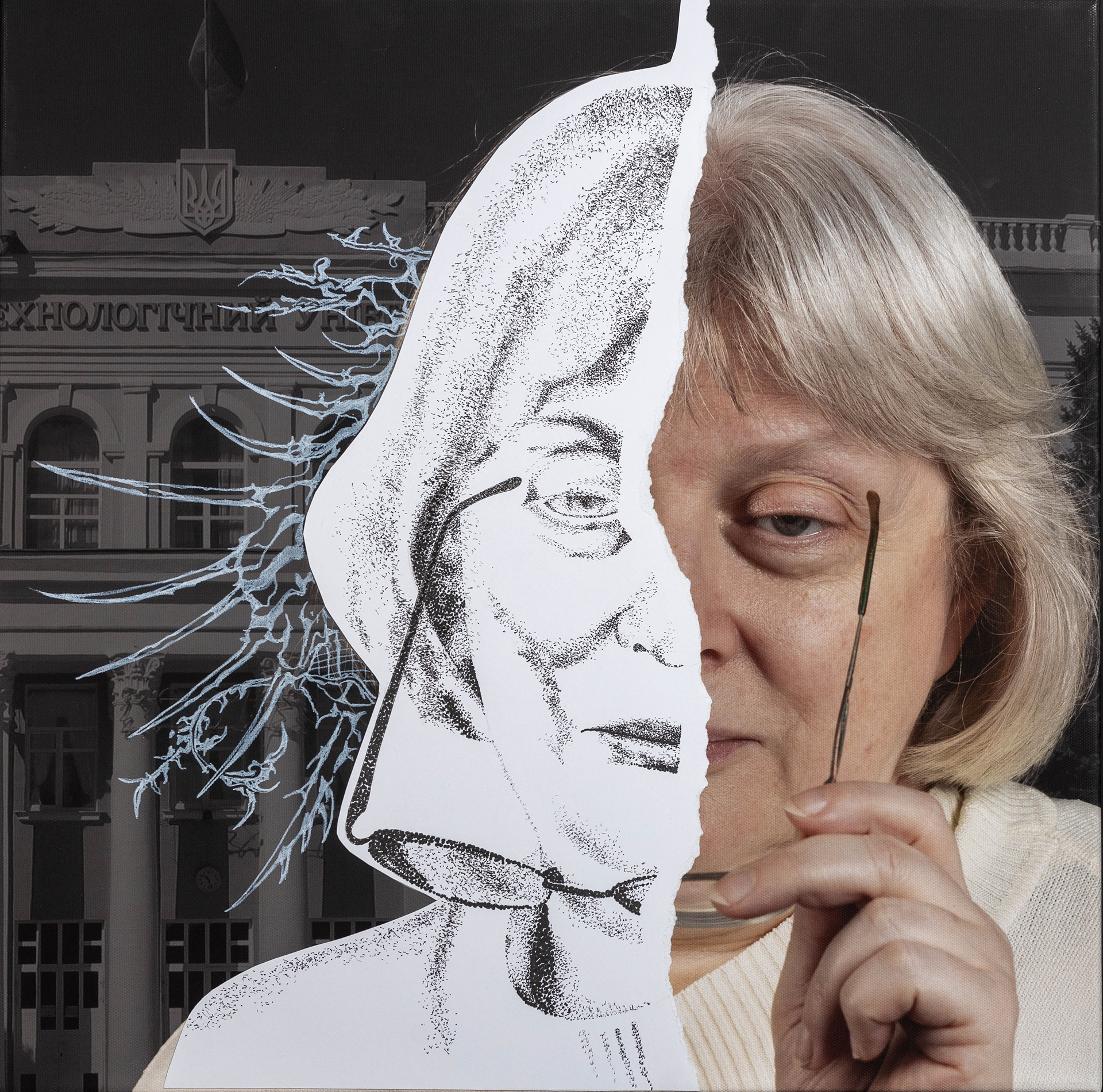 "Melitopol" Illya Bel, Naria Derev'anko, Canvas, photo print, pen, marker 50 x 50 cm.