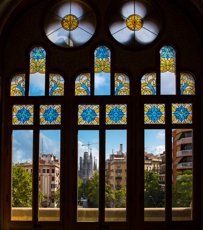 View of La Segrada Familia from inside La Recinte Modernista, a turn of the century hospital complex.