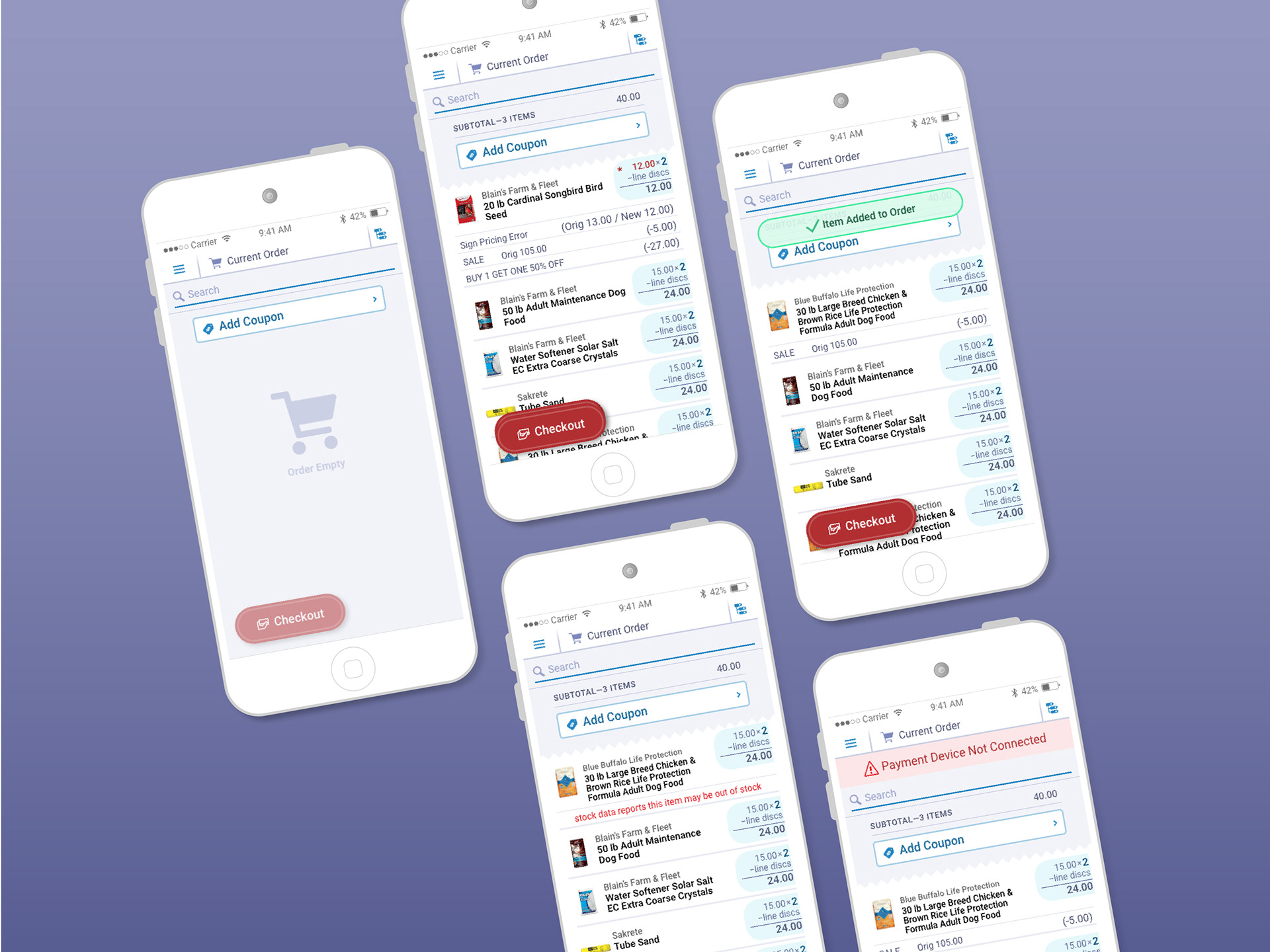 five mobile devices showing various states of the order screen