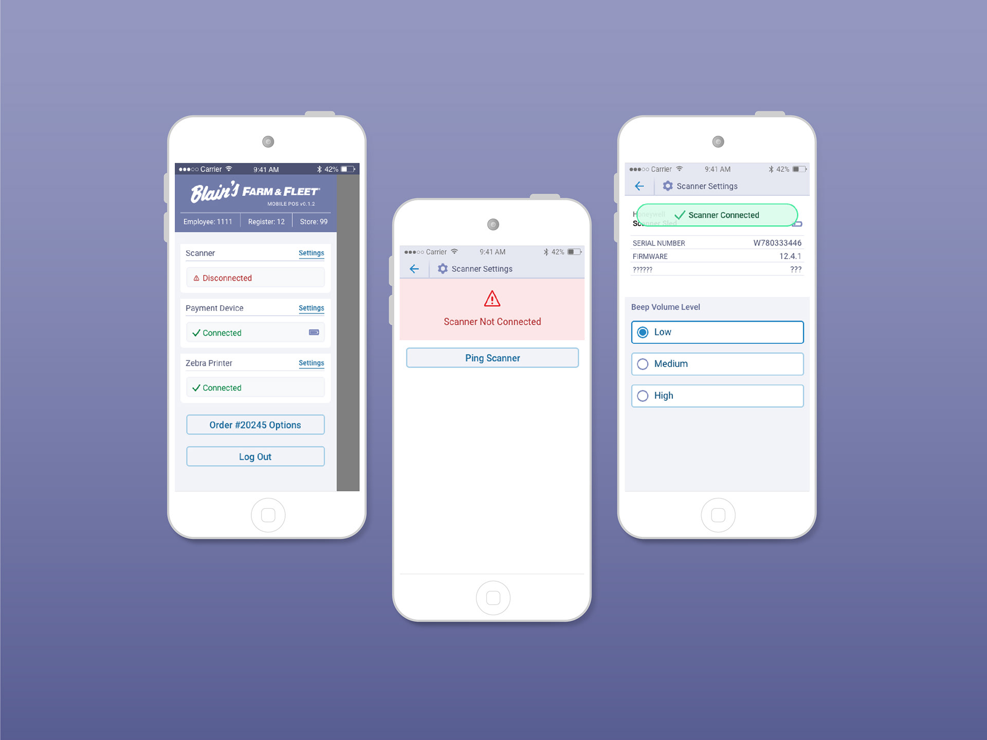 threen mobile devices showing an app drawer menu and settings screens for a scanner device
