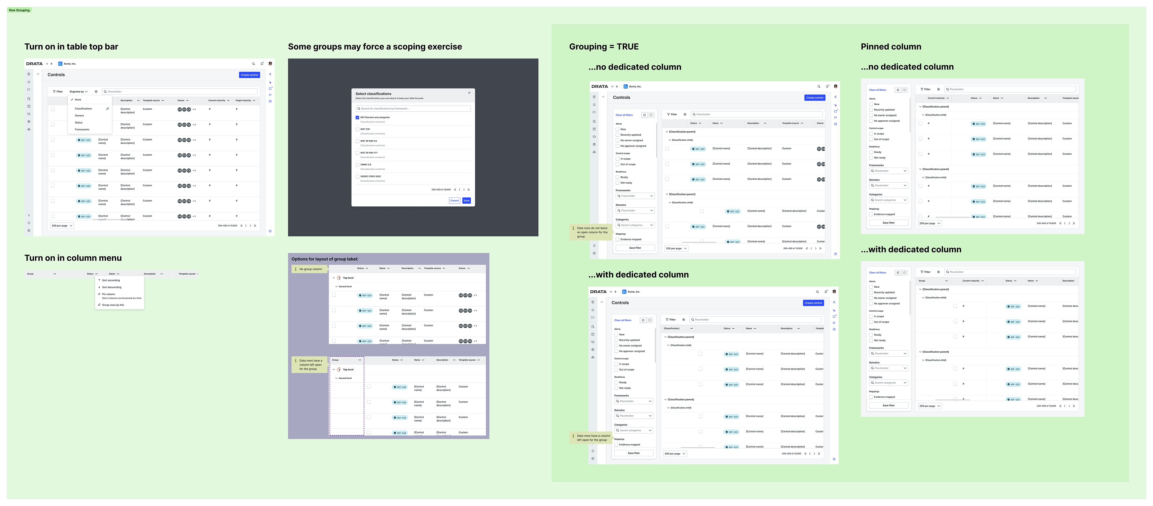 Image description: A FigJam board showing UI explorations for row grouping in the controls list view. Multiple annotated mockup variants showing: a toggle to enable grouping from the column menu or table toolbar; variations on group label layout (dedicated column vs. inline); grouped rows with a parent control anchoring a set of child implementations below it; and a pinned column variant. Annotations note interaction details like "Turn on in table top bar" and "Grouping = TRUE...no dedicated column." The explorations show how hierarchy would be legible in a scanning context without requiring a new UI paradigm.