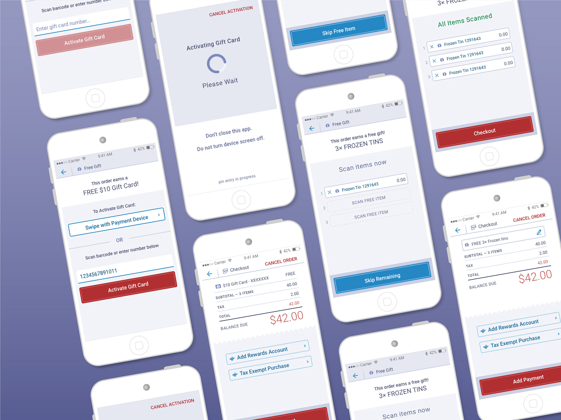 many mobile devices showing screens where optional free items can be added to the order