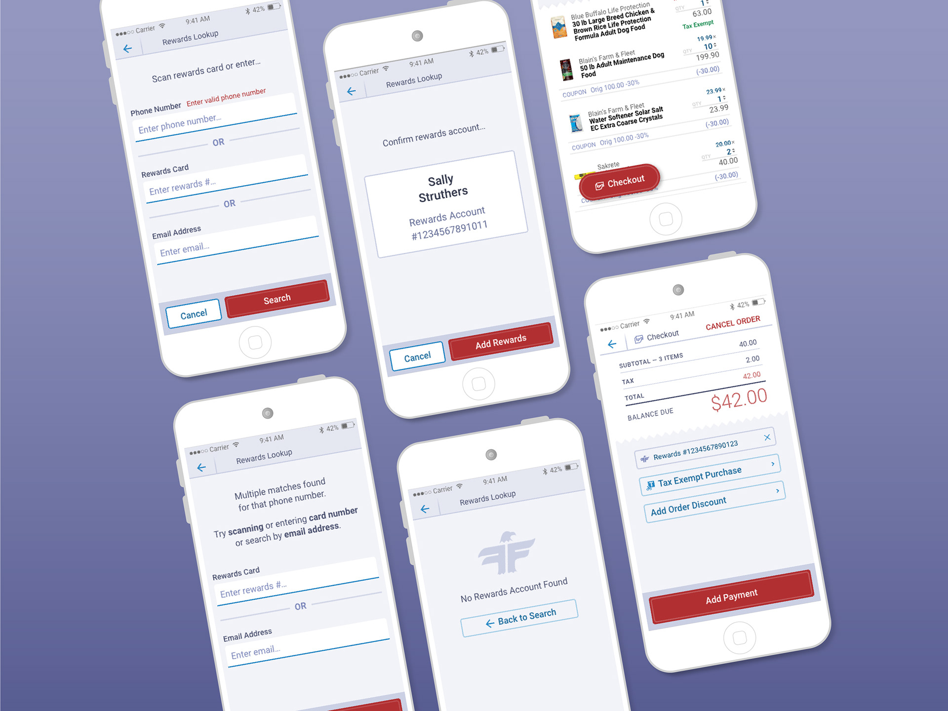 six mobile devices showing form and selections screens to find or enter a rewards account manually