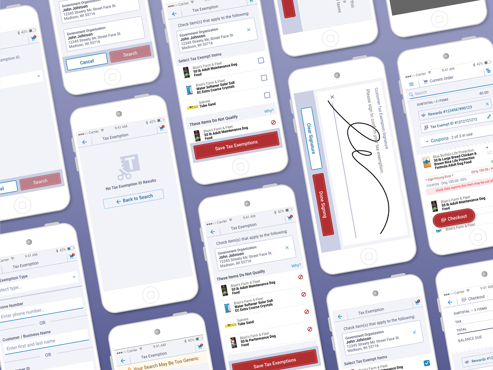 many mobile devices with process screens for adding a tax exemption profile and selecting items it should apply to